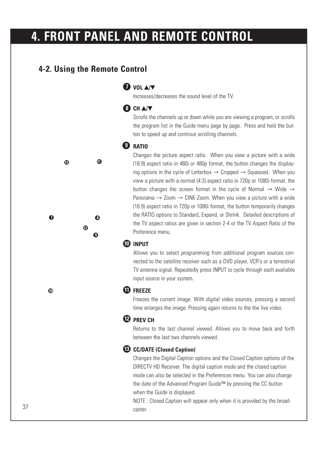 DirecTV HUGHES/ HTL-HD manual VOL v/V, Increases/decreases the sound level of the TV, CH v/V, 13 CC/DATE Closed Caption 