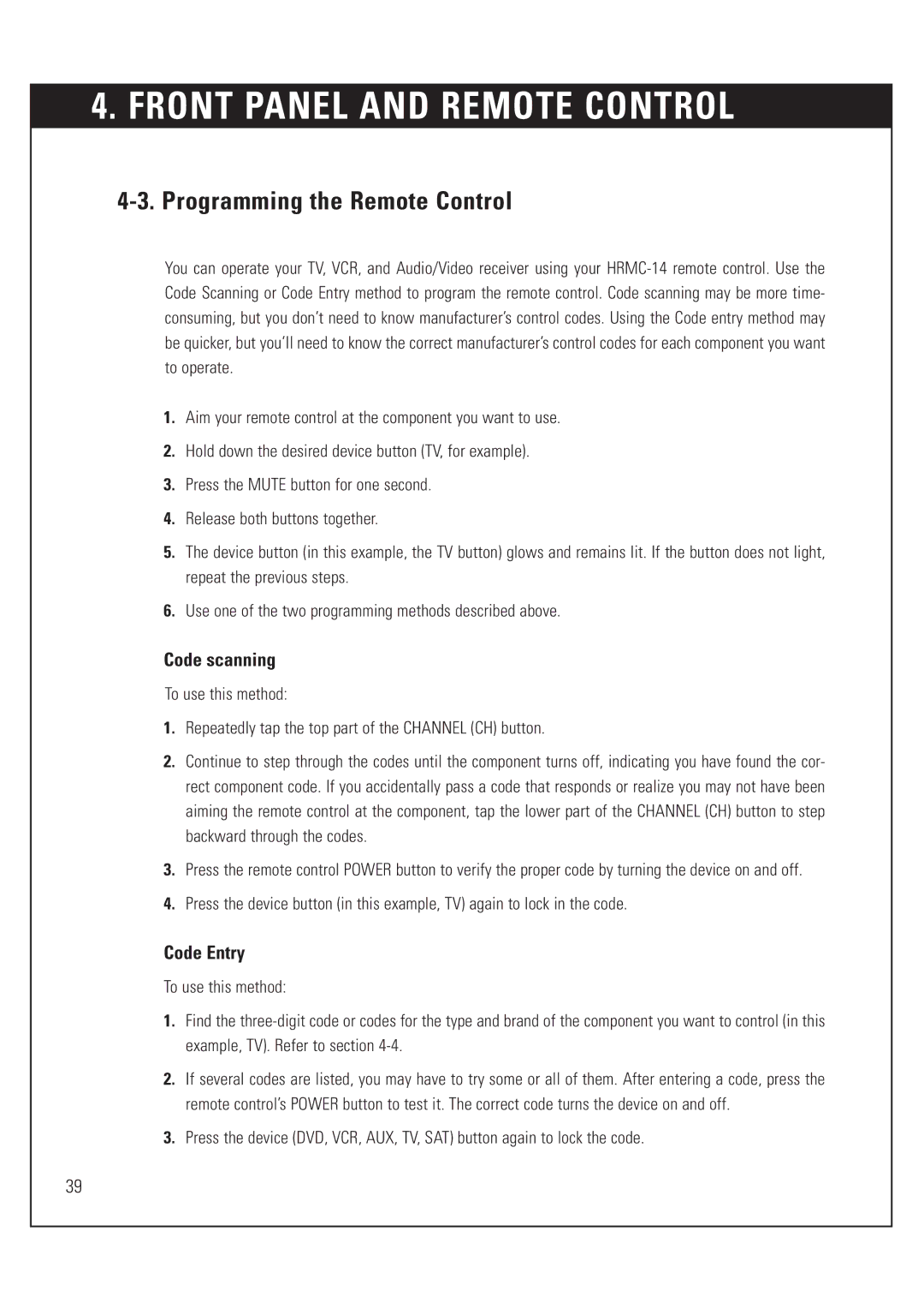 DirecTV HUGHES/ HTL-HD manual Programming the Remote Control, Code scanning 