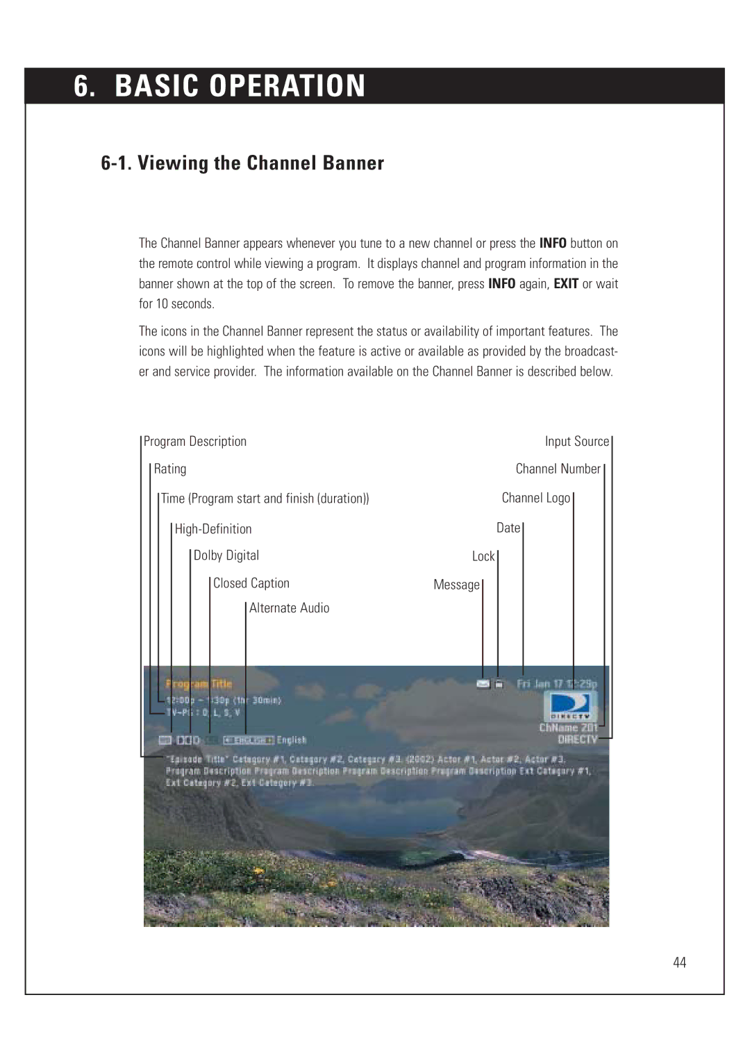 DirecTV HUGHES/ HTL-HD manual Basic Operation, Viewing the Channel Banner 