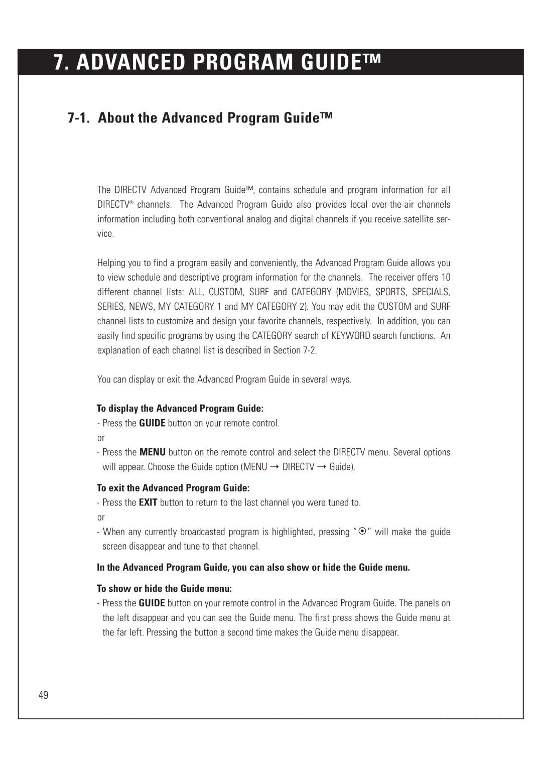 DirecTV HUGHES/ HTL-HD manual About the Advanced Program Guide, To display the Advanced Program Guide 