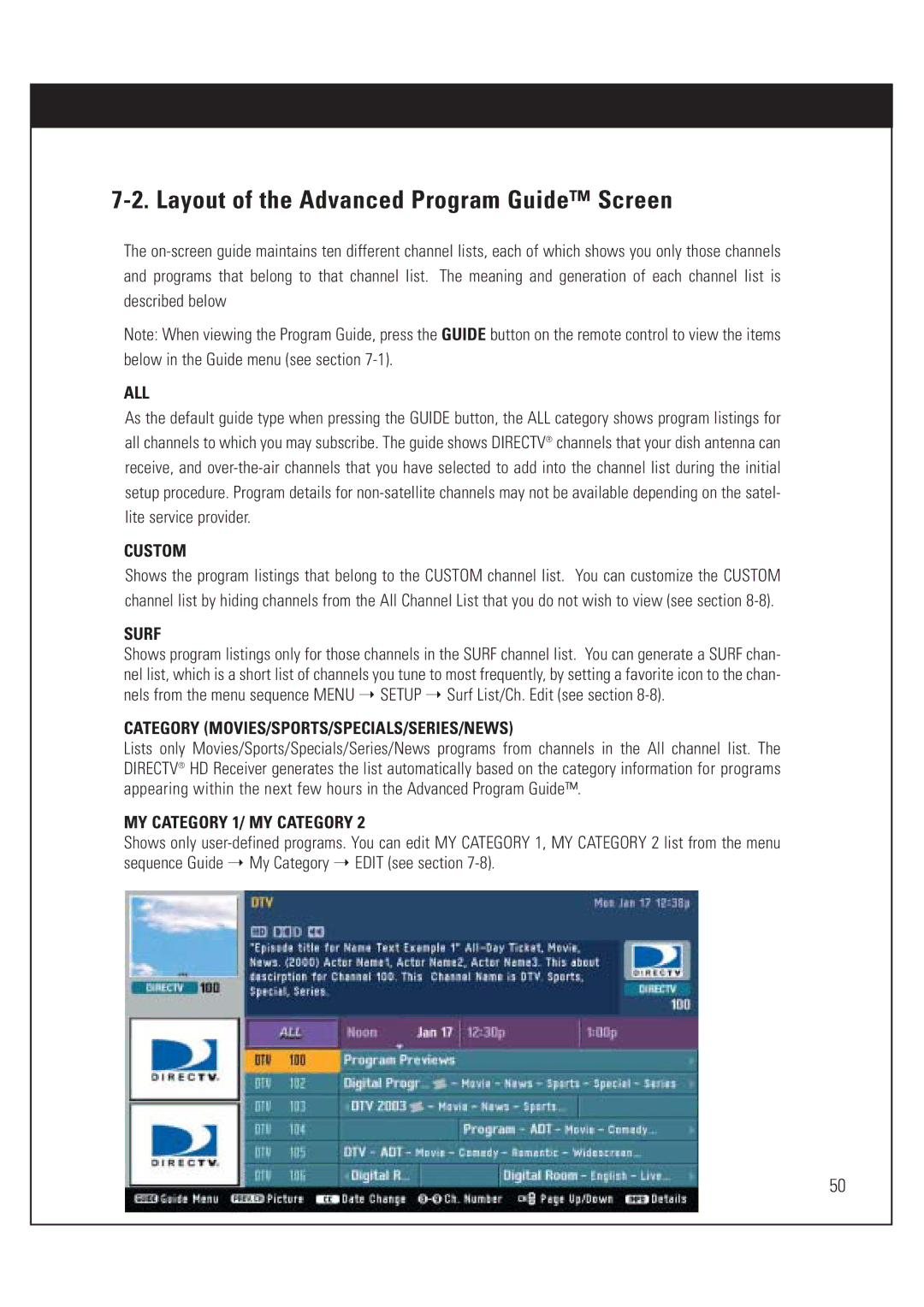 DirecTV HUGHES/ HTL-HD manual Layout of the Advanced Program Guide Screen, All 