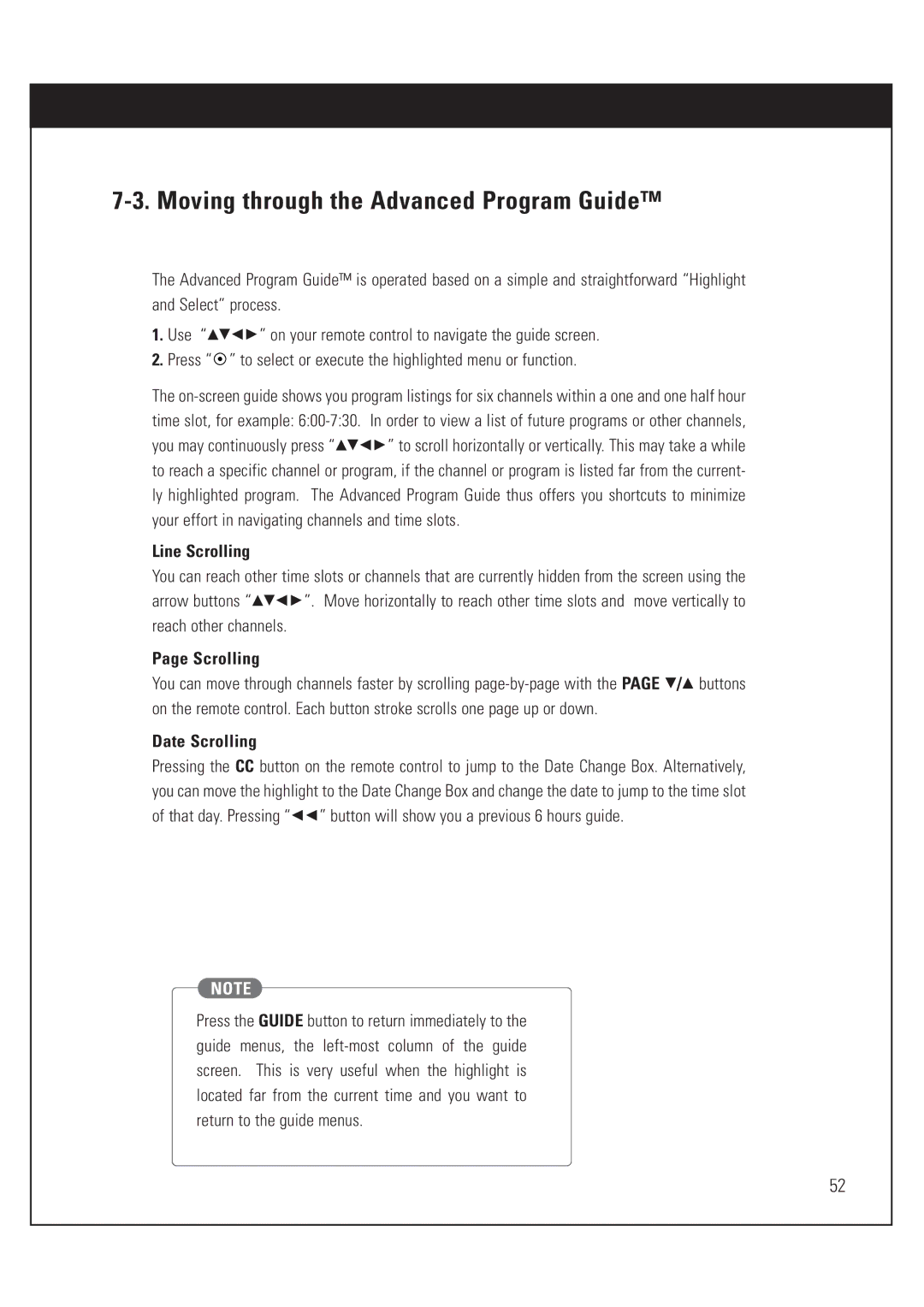 DirecTV HUGHES/ HTL-HD manual Moving through the Advanced Program Guide, Line Scrolling, Date Scrolling 