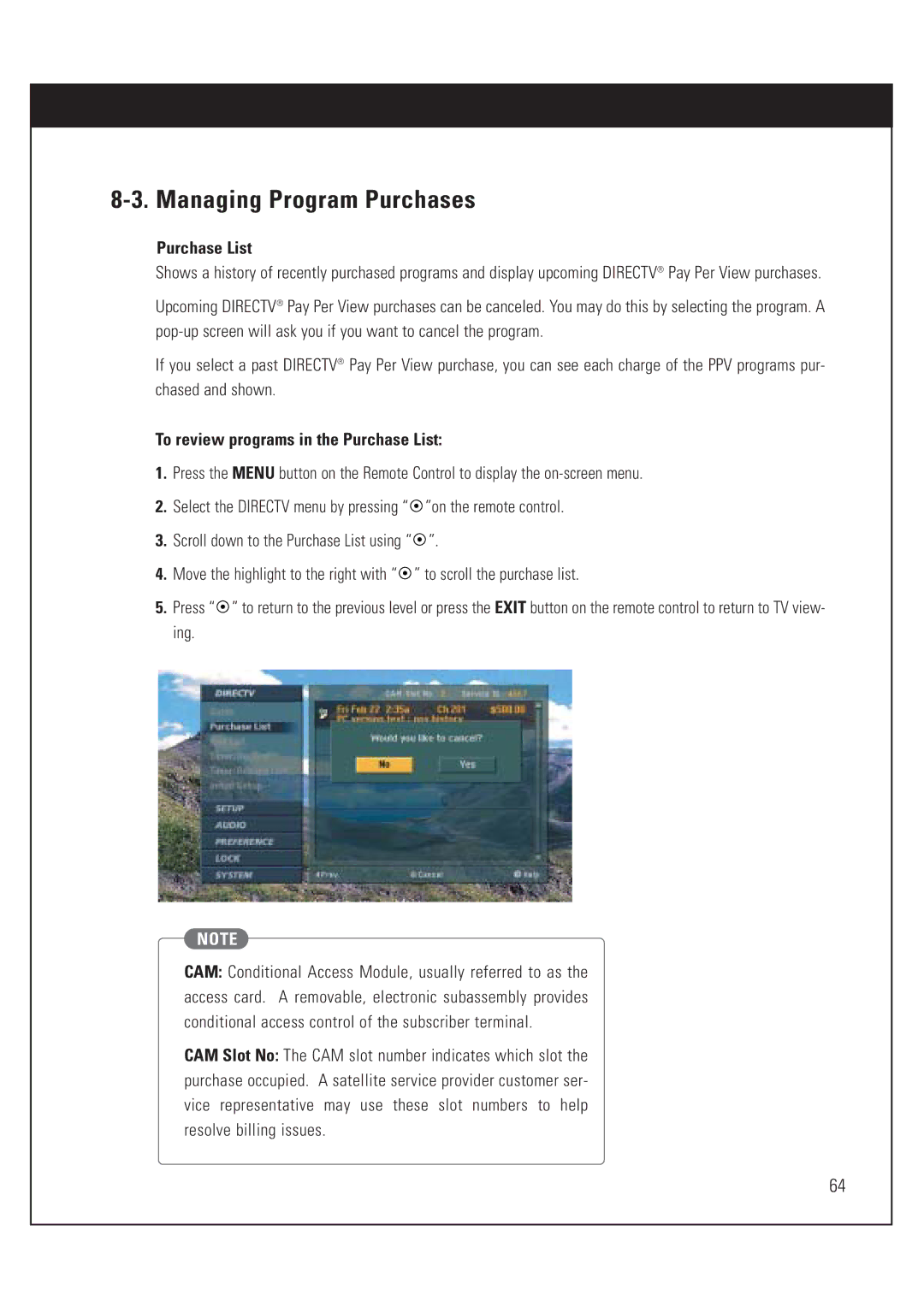 DirecTV HUGHES/ HTL-HD manual Managing Program Purchases, To review programs in the Purchase List 