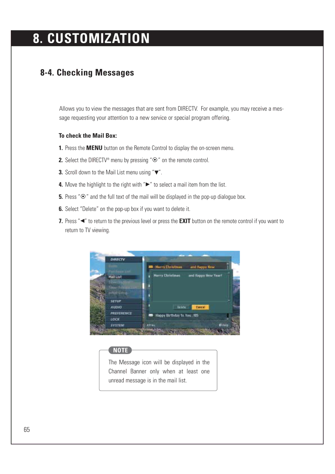 DirecTV HUGHES/ HTL-HD manual Checking Messages, To check the Mail Box 