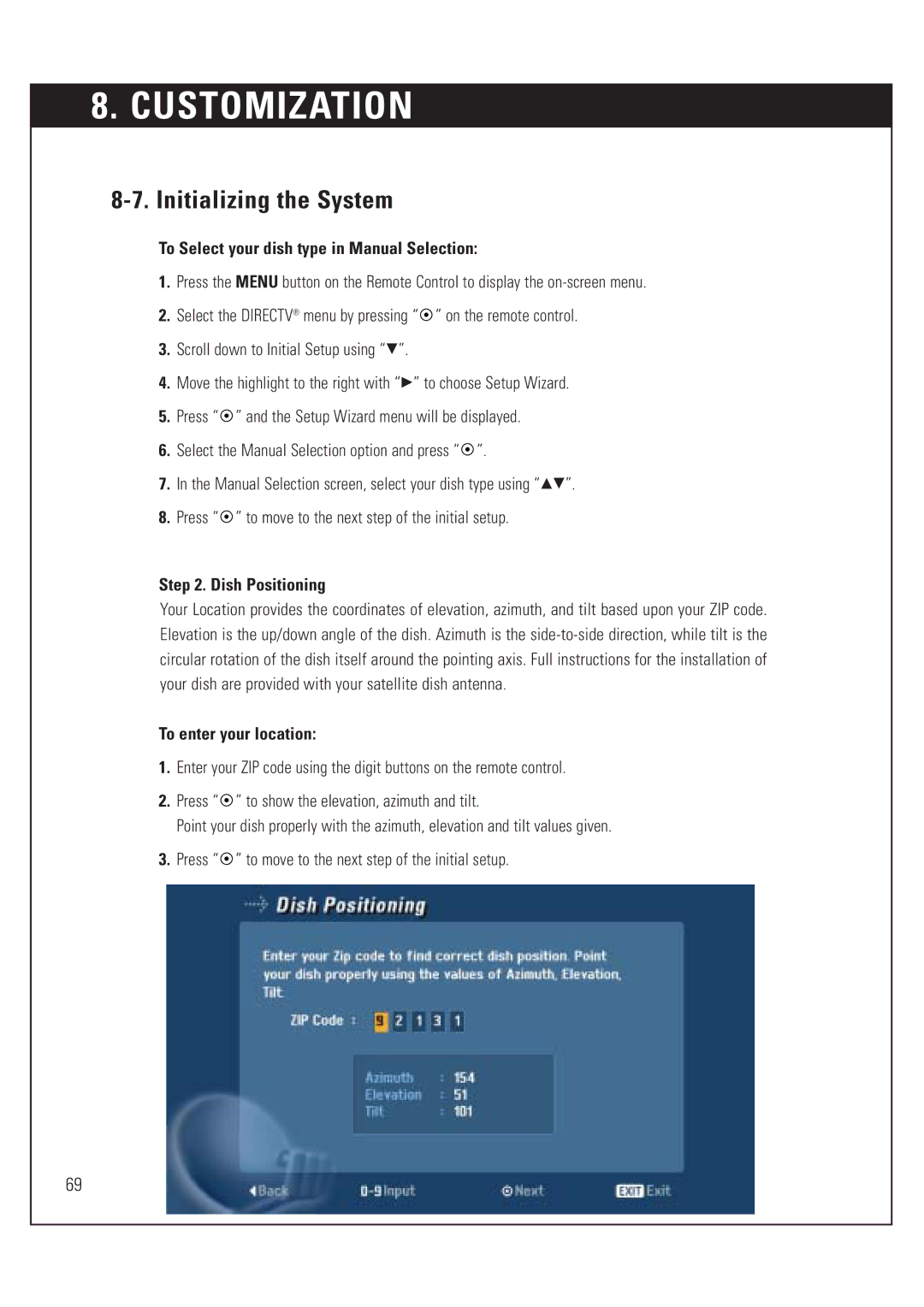 DirecTV HUGHES/ HTL-HD manual To Select your dish type in Manual Selection, Dish Positioning, To enter your location 