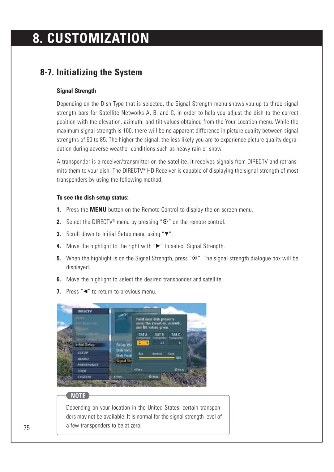 DirecTV HUGHES/ HTL-HD manual Signal Strength, Few transponders to be at zero 