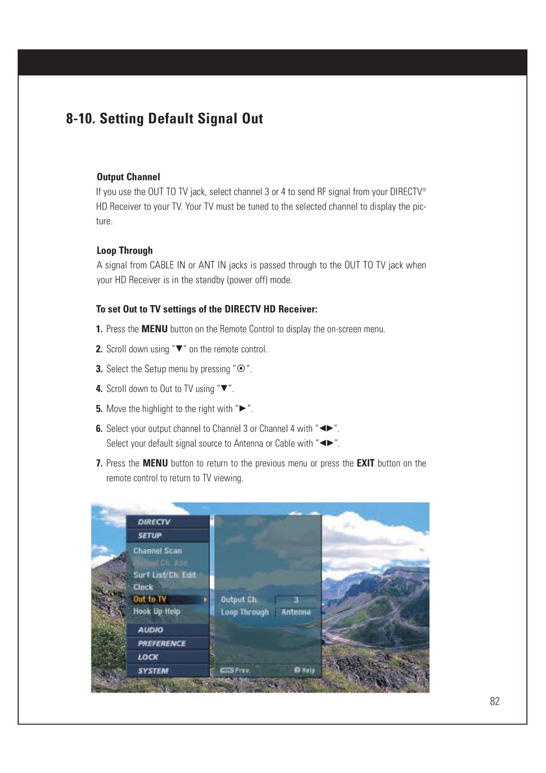 DirecTV HUGHES/ HTL-HD manual Setting Default Signal Out, Output Channel, Loop Through 