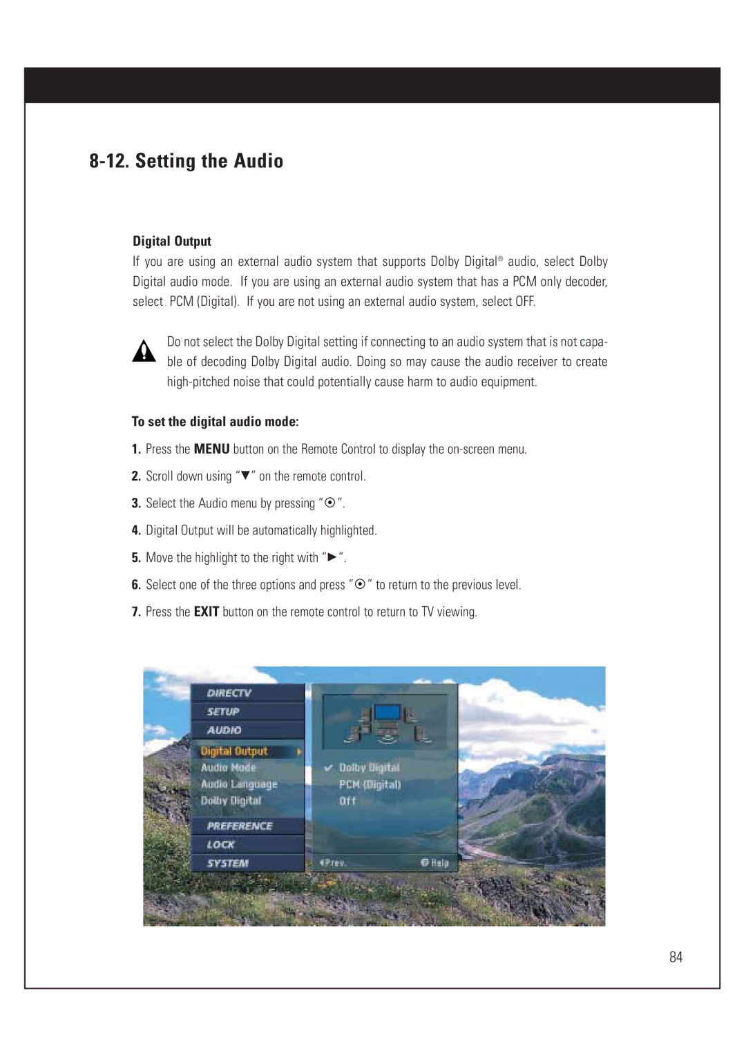 DirecTV HUGHES/ HTL-HD manual Setting the Audio, Digital Output, To set the digital audio mode 