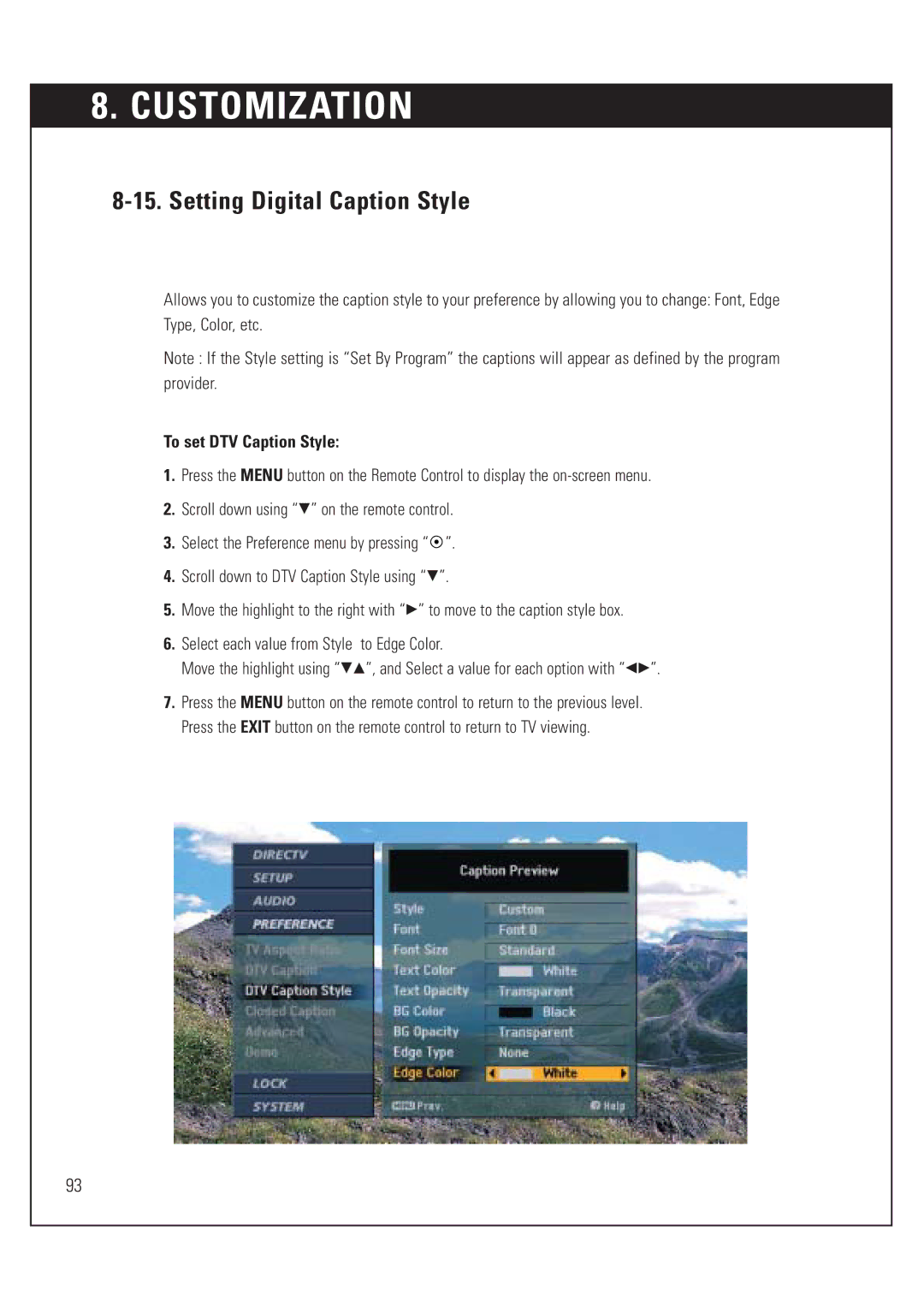 DirecTV HUGHES/ HTL-HD manual Setting Digital Caption Style, To set DTV Caption Style 