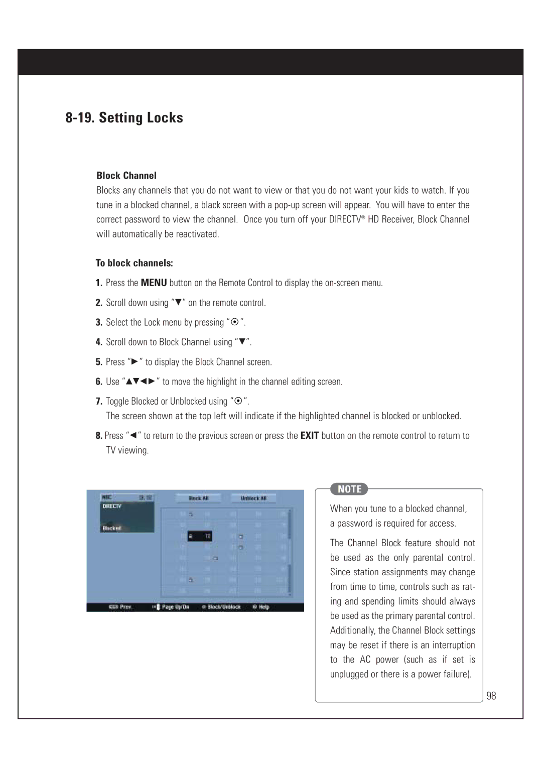 DirecTV HUGHES/ HTL-HD manual Block Channel, To block channels 