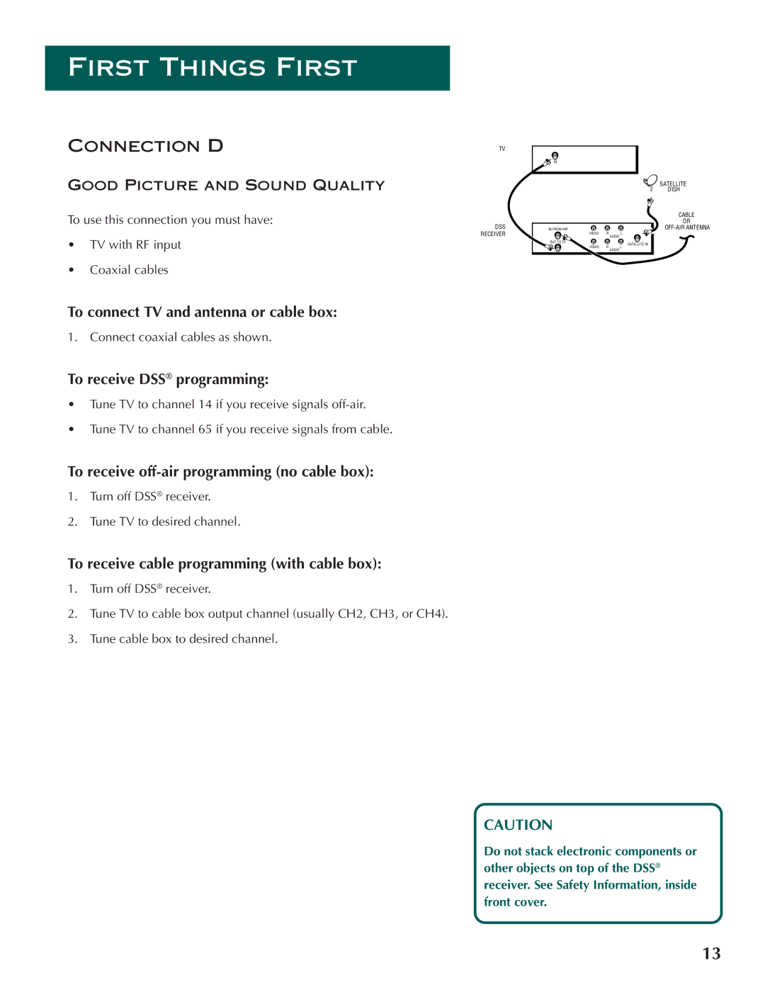 DirecTV ProScan DSS Receiver manual To connect TV and antenna or cable box, Connection D 