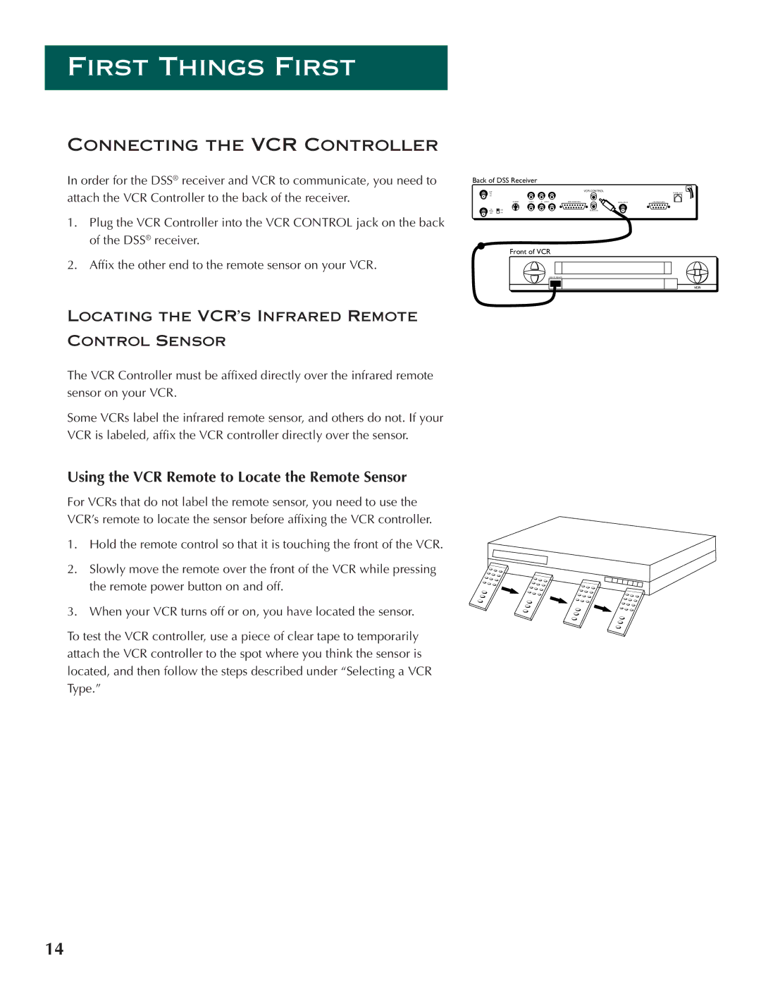 DirecTV ProScan DSS Receiver manual Using the VCR Remote to Locate the Remote Sensor, Connecting the VCR Controller 