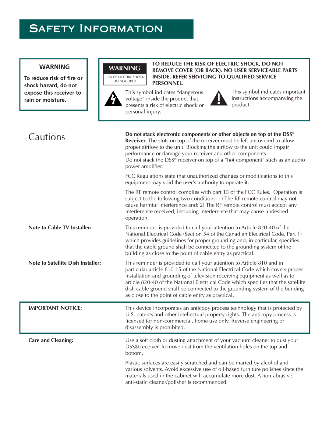 DirecTV ProScan DSS Receiver manual Safety Information, Personnel 