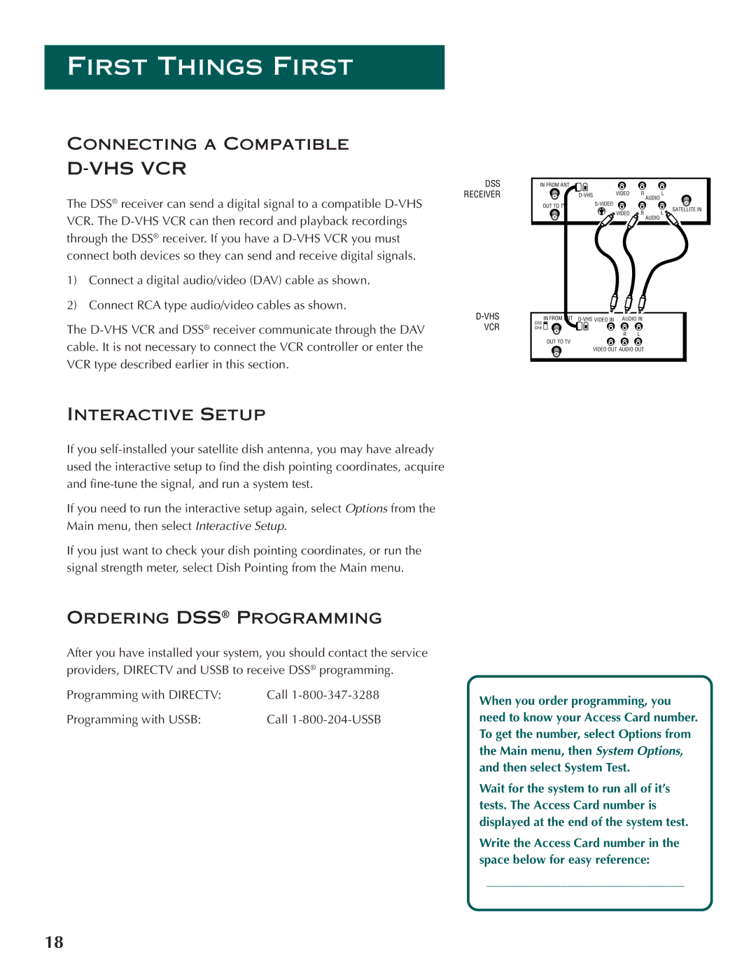 DirecTV ProScan DSS Receiver manual Connecting a Compatible, Interactive Setup, Ordering DSS Programming 