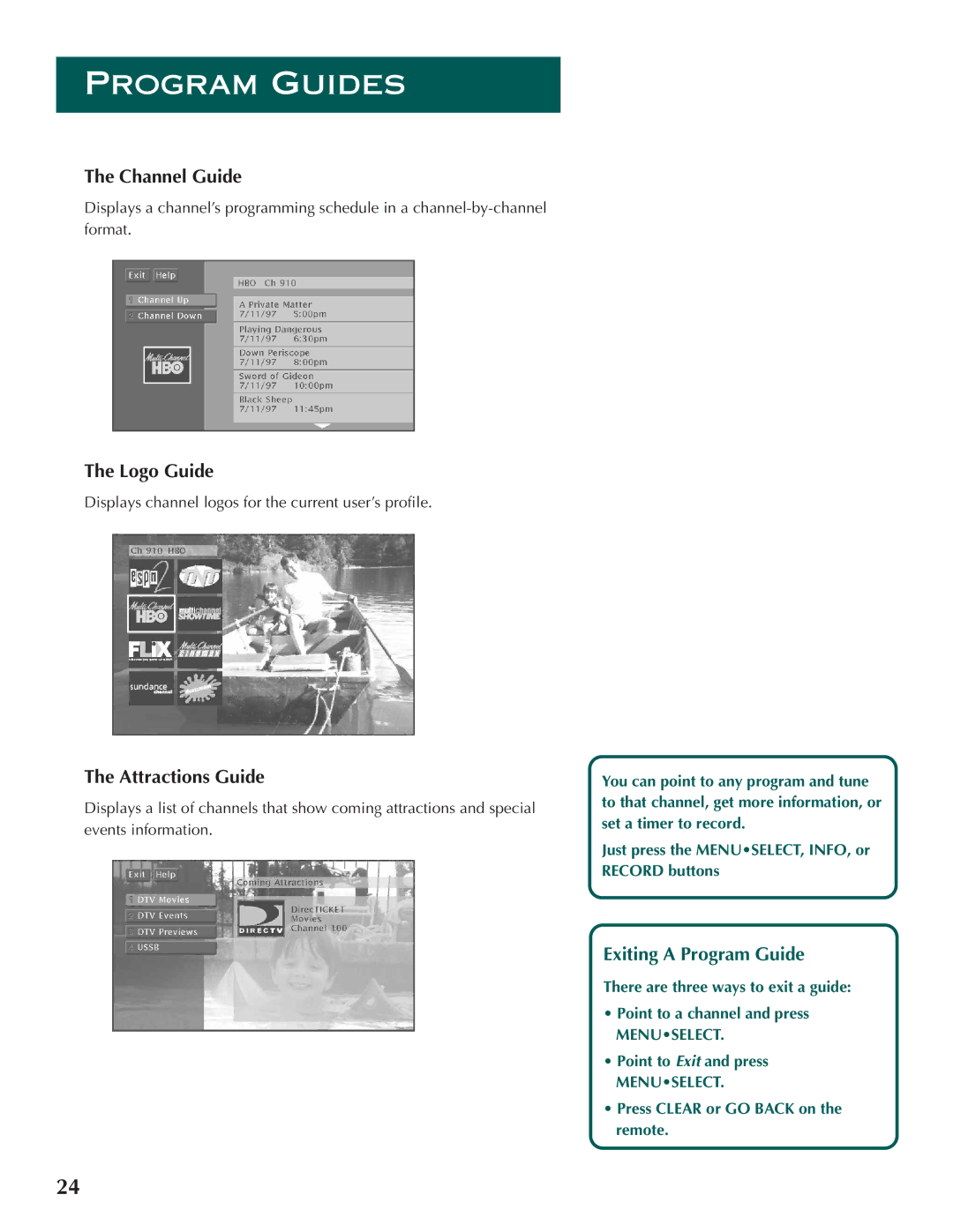 DirecTV ProScan DSS Receiver manual Channel Guide, Logo Guide, Attractions Guide, Exiting a Program Guide 