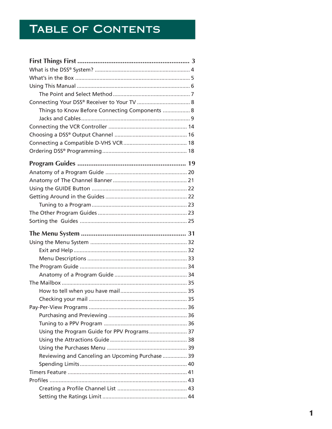 DirecTV ProScan DSS Receiver manual Table of Contents 