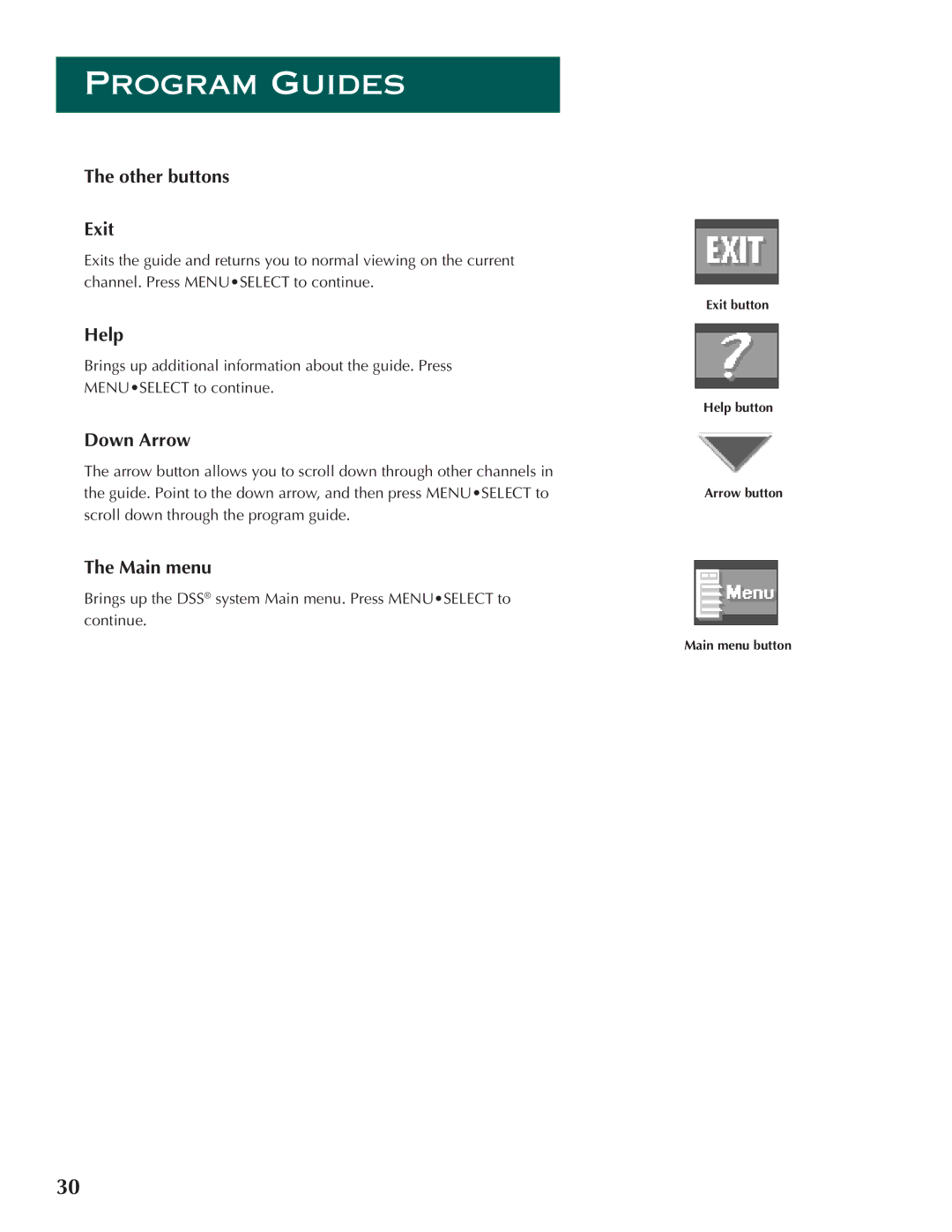 DirecTV ProScan DSS Receiver manual Other buttons Exit, Help, Down Arrow, Main menu 