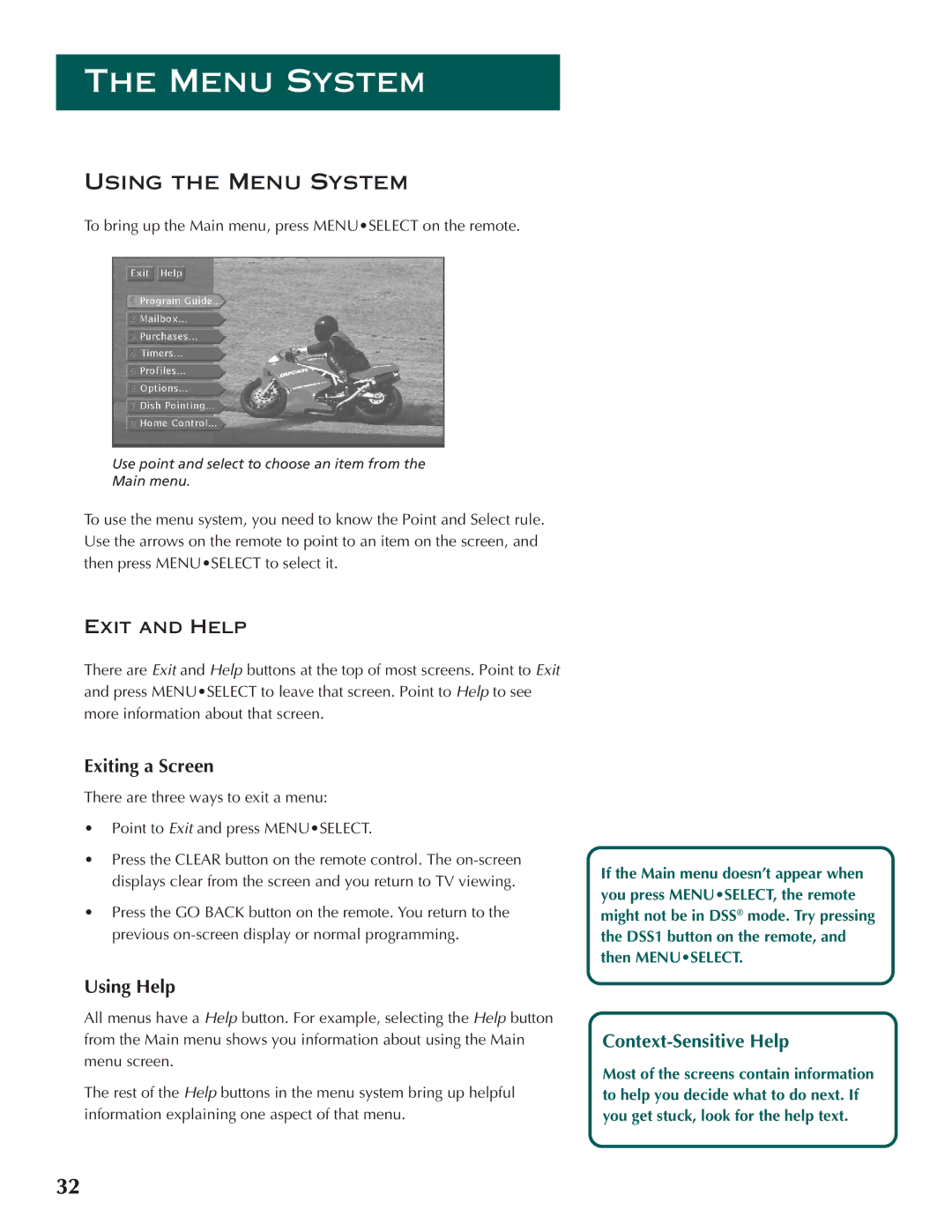 DirecTV ProScan DSS Receiver manual Exiting a Screen, Using Help, Context-Sensitive Help, Using the Menu System 