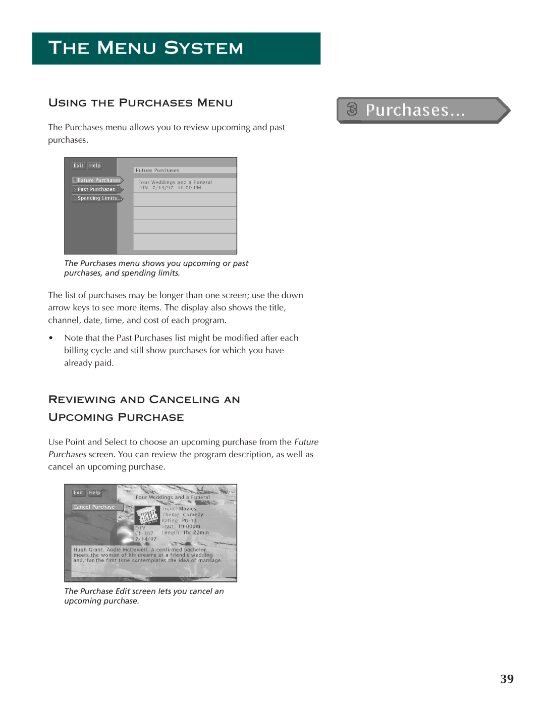 DirecTV ProScan DSS Receiver manual Purchase Edit screen lets you cancel an upcoming purchase 