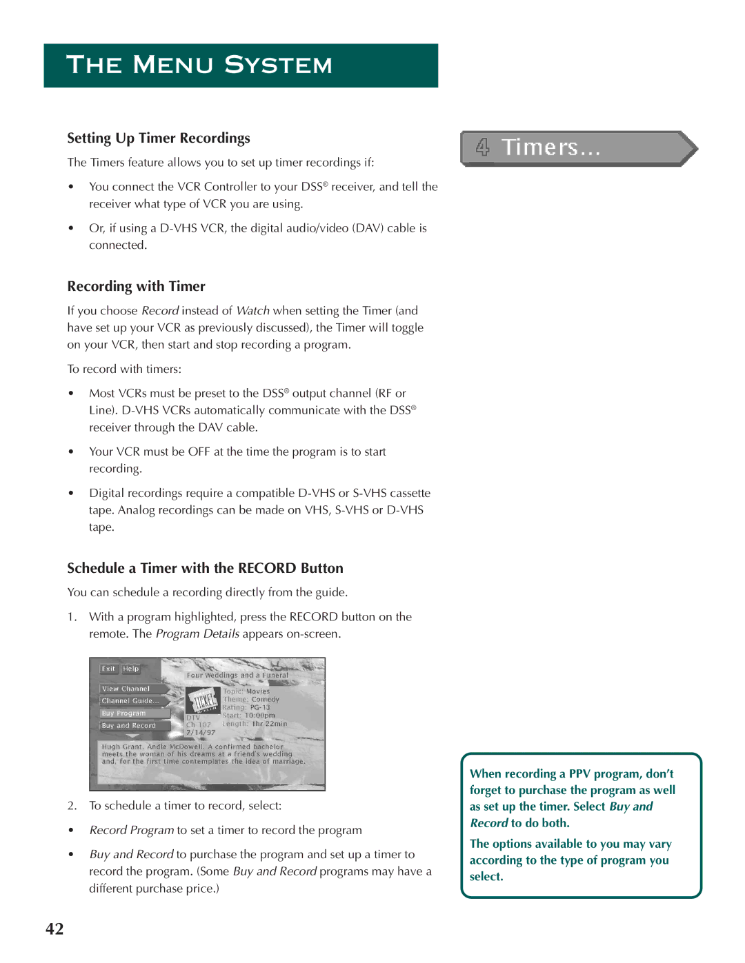 DirecTV ProScan DSS Receiver manual Setting Up Timer Recordings, Schedule a Timer with the Record Button 