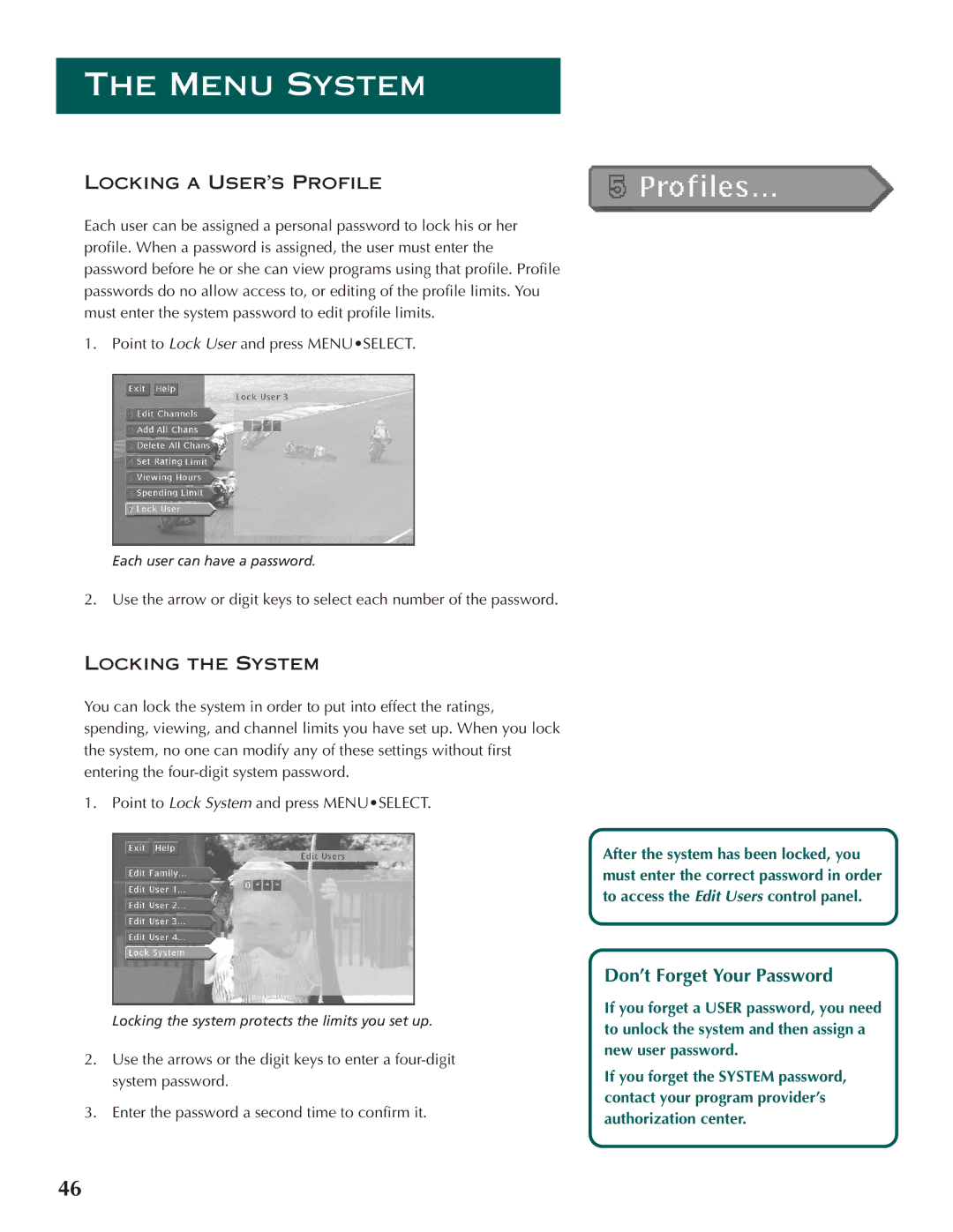 DirecTV ProScan DSS Receiver manual Don’t Forget Your Password 