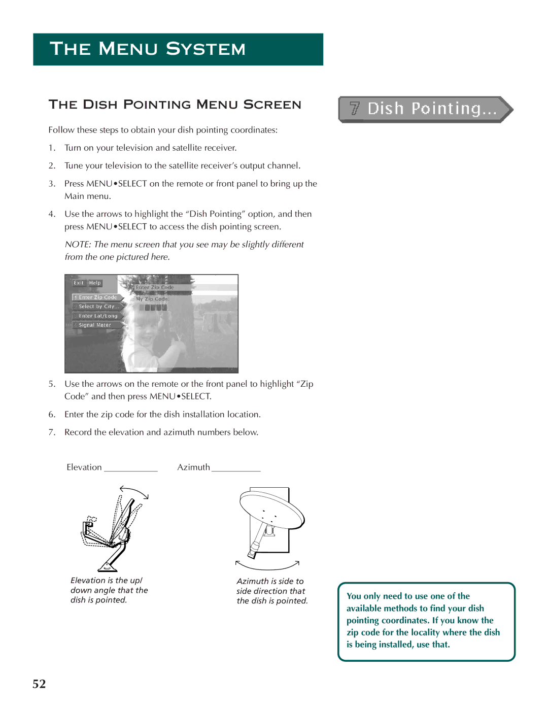 DirecTV ProScan DSS Receiver manual Dish Pointing Menu Screen 