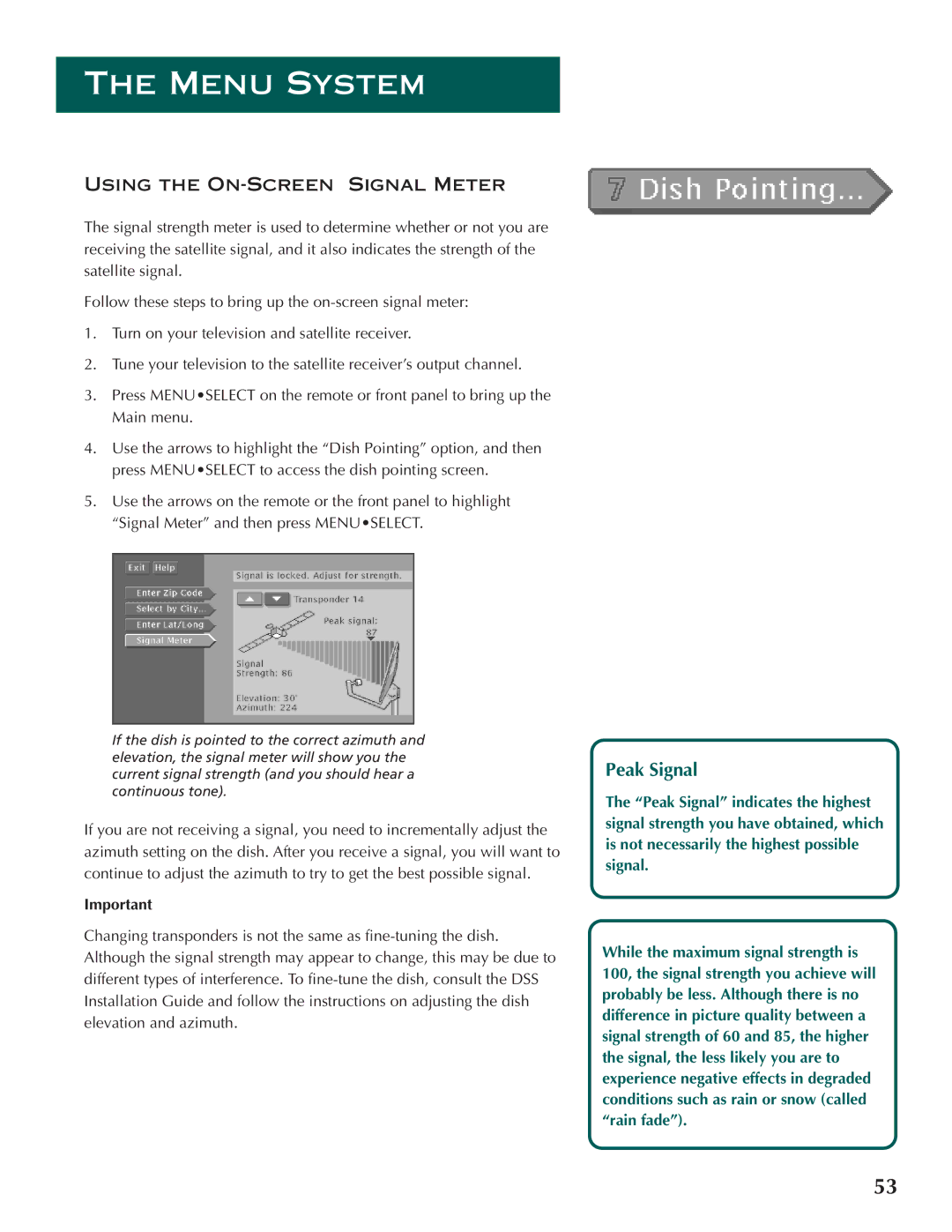 DirecTV ProScan DSS Receiver manual Peak Signal 