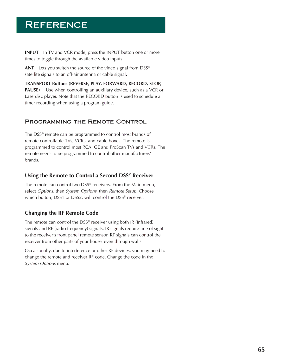 DirecTV ProScan DSS Receiver manual Using the Remote to Control a Second DSS Receiver, Changing the RF Remote Code 