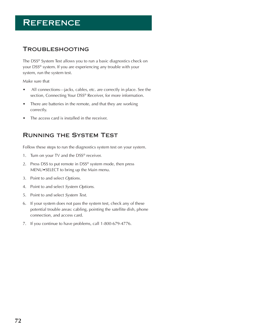 DirecTV ProScan DSS Receiver manual Troubleshooting, Running the System Test 