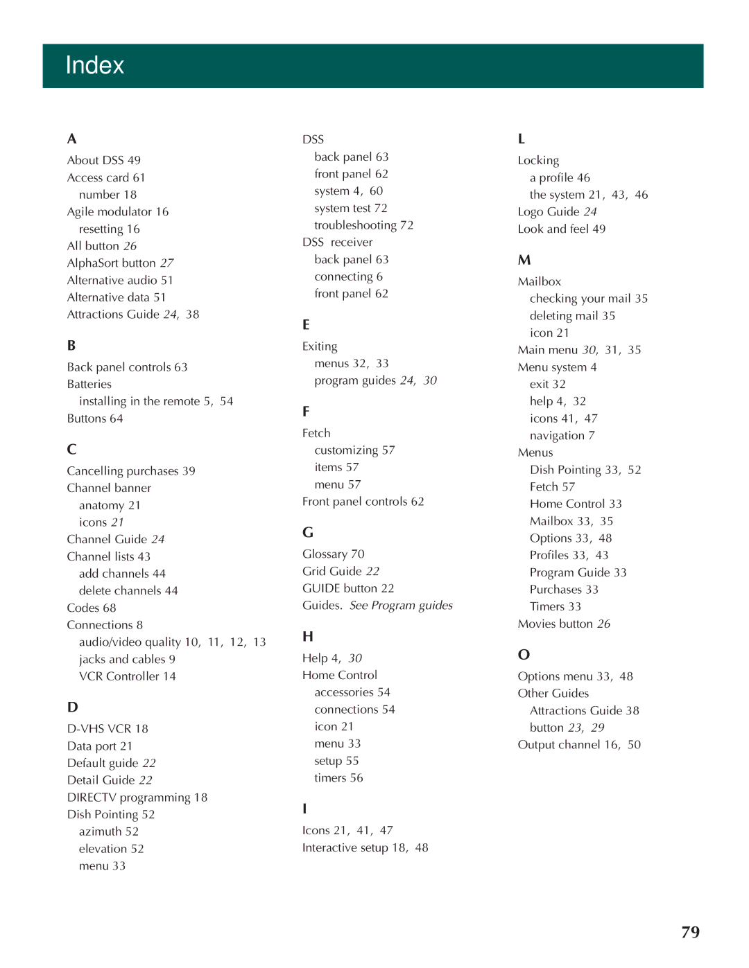 DirecTV ProScan DSS Receiver manual Index, Dss 