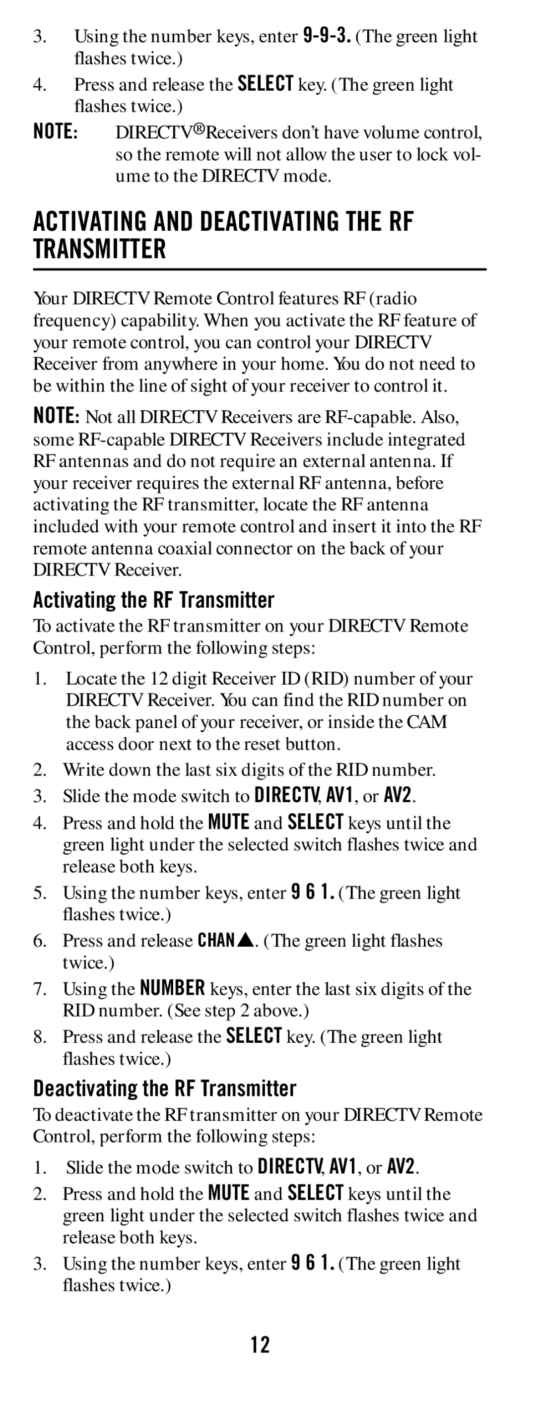 DirecTV RC64 manual Activating the RF Transmitter, Deactivating the RF Transmitter 