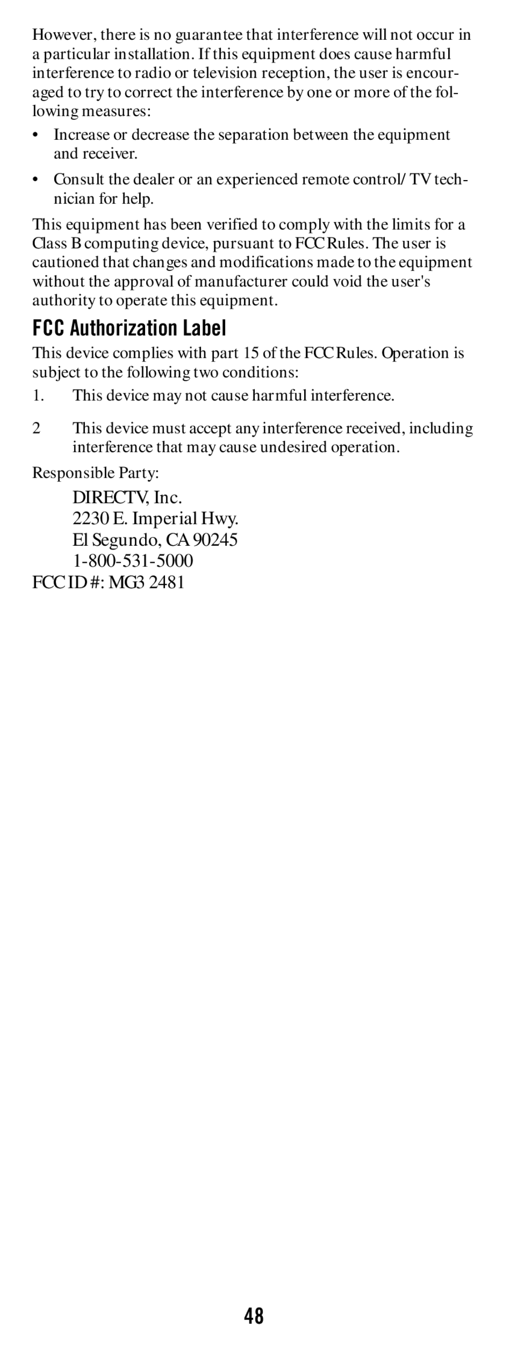 DirecTV RC64 manual FCC Authorization Label, Responsible Party 