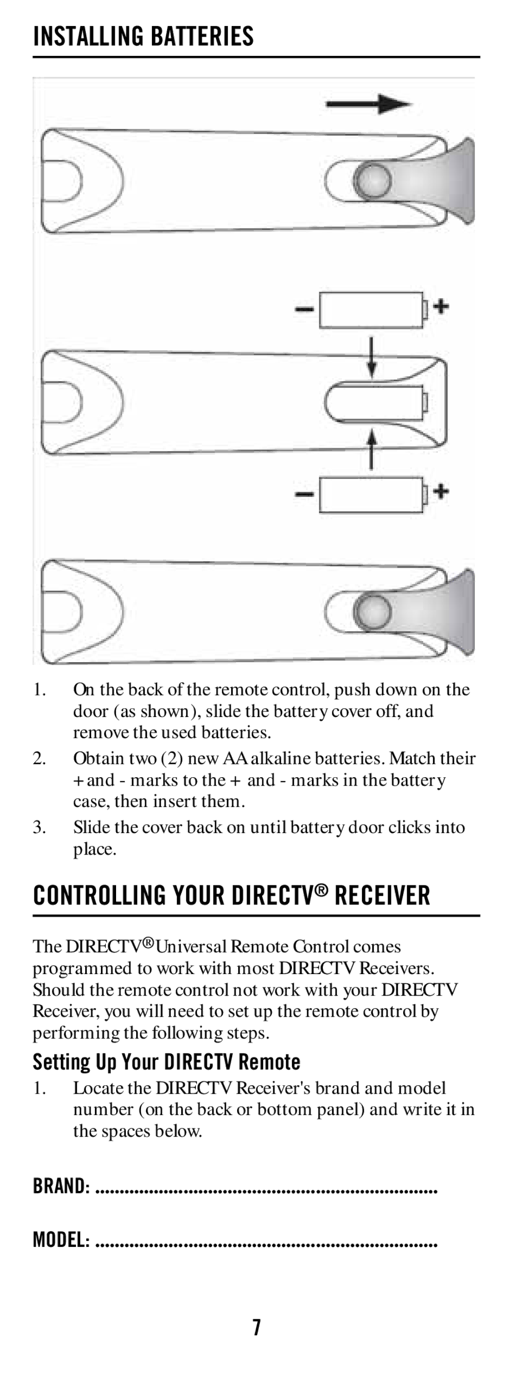 DirecTV RC64 manual Installing Batteries, Setting Up Your Directv Remote 