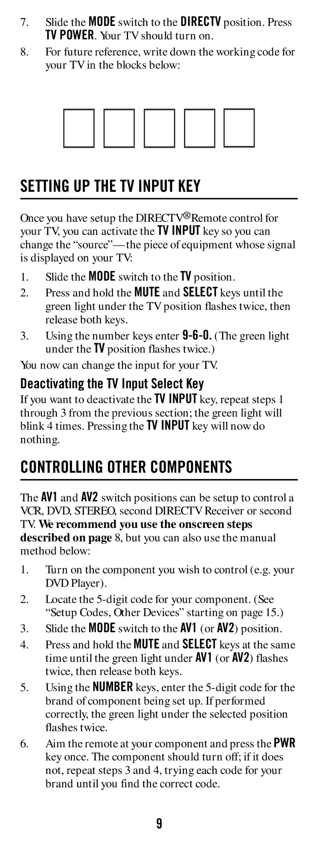 DirecTV RC64 manual Setting UP the TV Input KEY, Deactivating the TV Input Select Key 