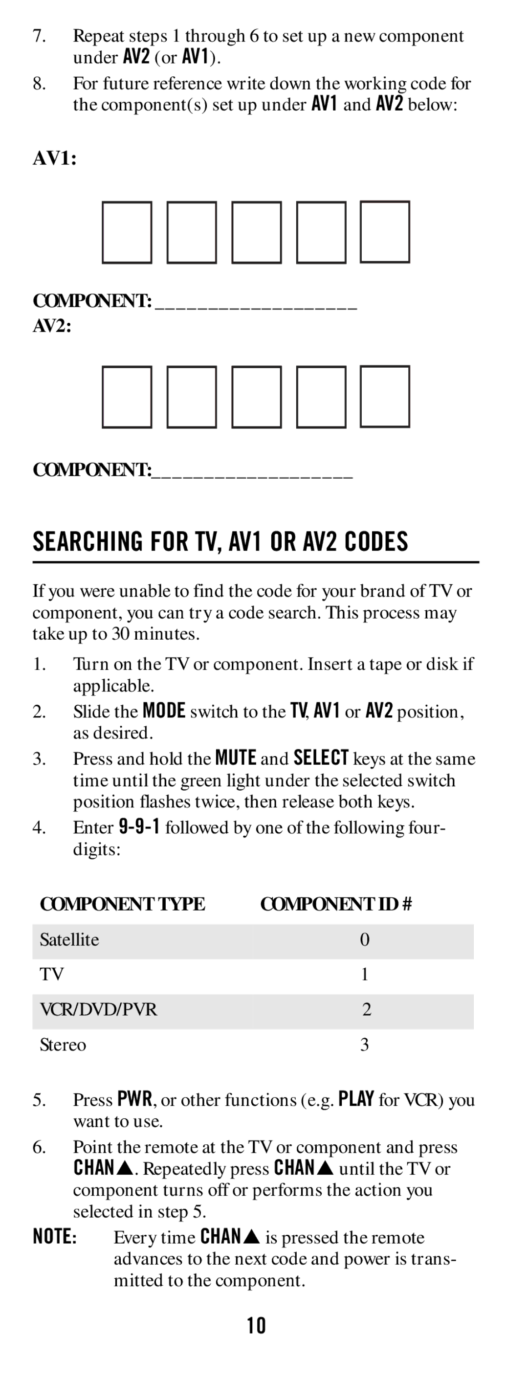 DirecTV RC65 manual Searching for TV, AV1 or AV2 Codes 