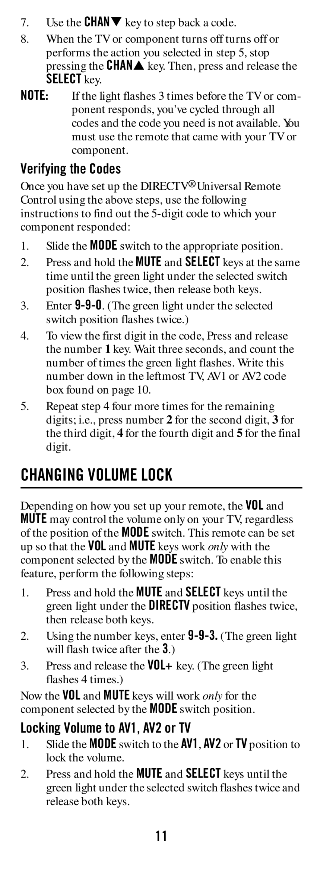 DirecTV RC65 manual Changing Volume Lock, Verifying the Codes, Locking Volume to AV1, AV2 or TV 