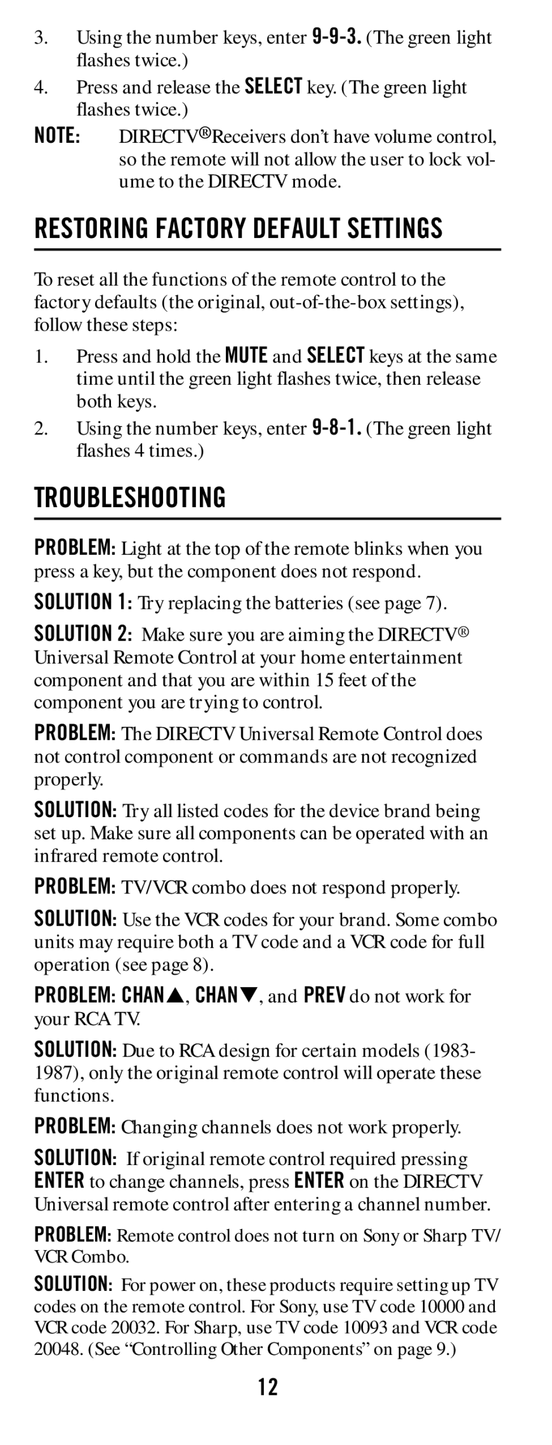 DirecTV RC65 manual Troubleshooting, Restoring Factory Default Settings 