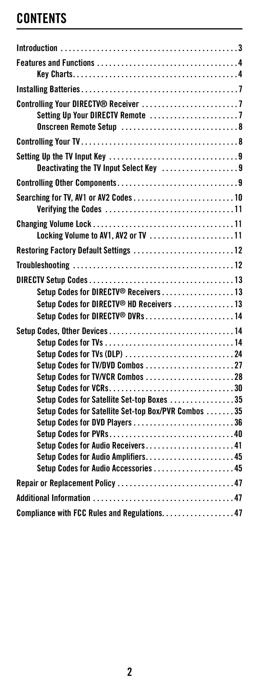 DirecTV RC65 manual Contents 