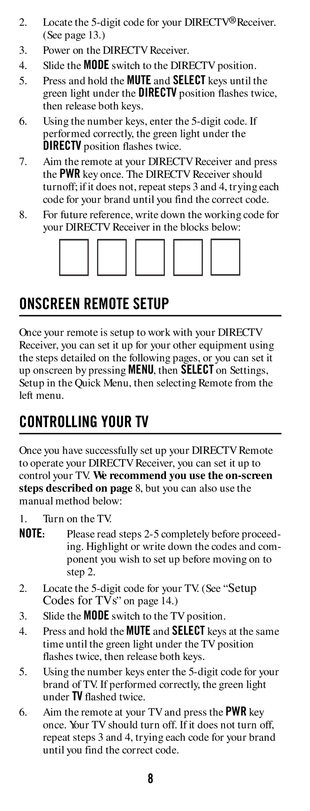 DirecTV RC65 manual Onscreen Remote Setup, Controlling Your TV 