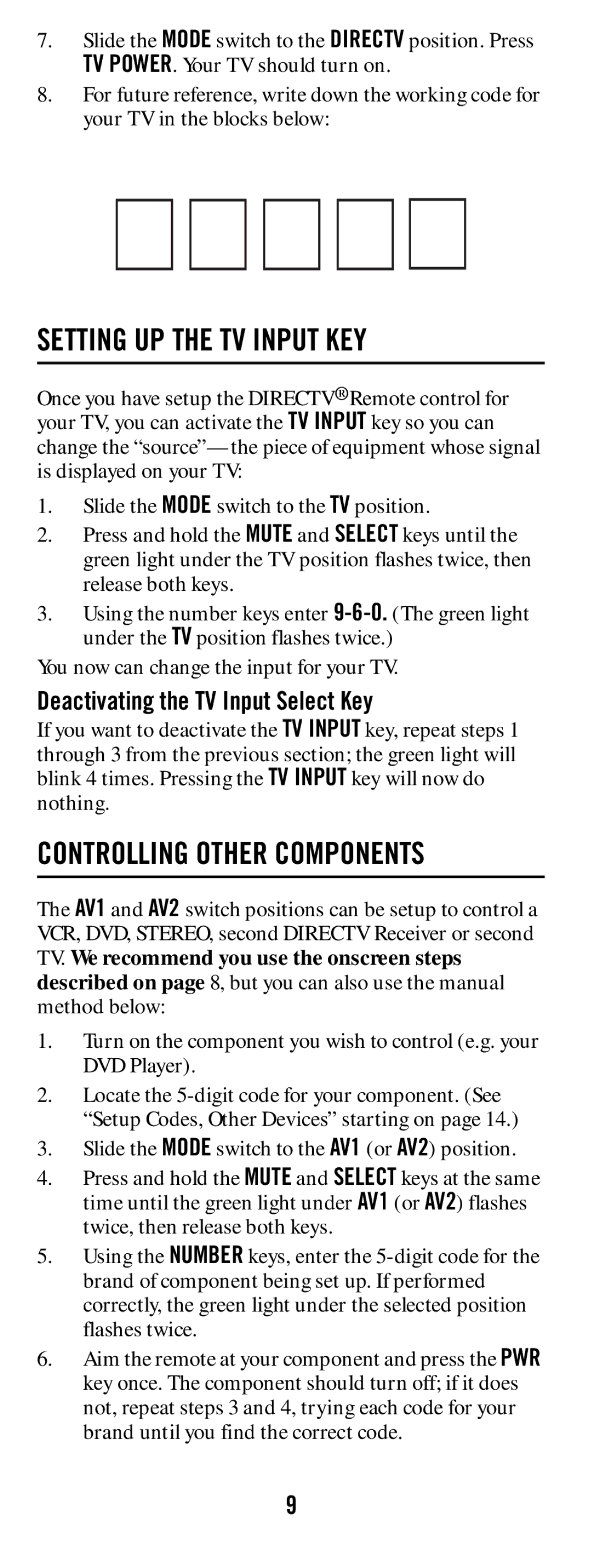 DirecTV RC65 manual Setting UP the TV Input KEY, Deactivating the TV Input Select Key 