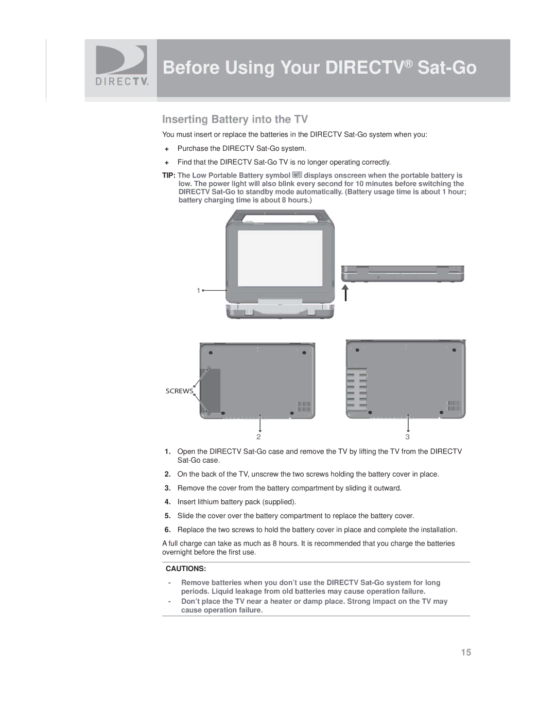 DirecTV SAT GO manual Inserting Battery into the TV 