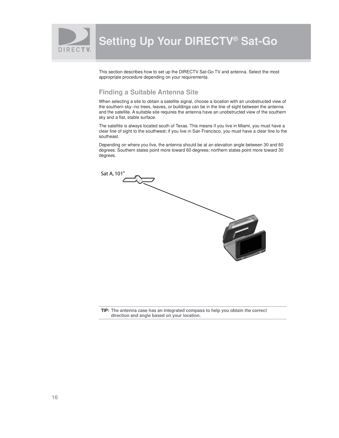 DirecTV SAT GO manual Setting Up Your Directv Sat-Go, Finding a Suitable Antenna Site 