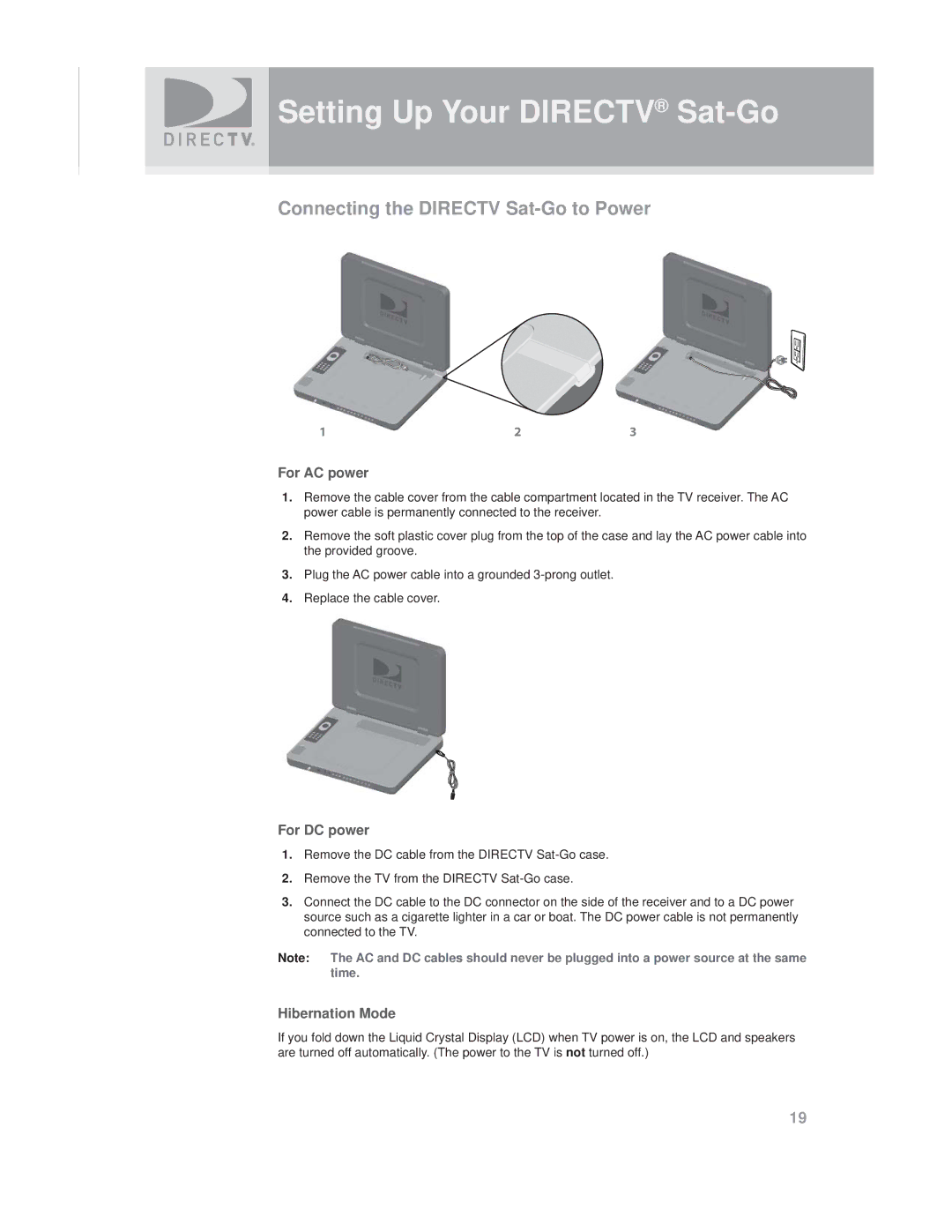 DirecTV SAT GO manual Connecting the Directv Sat-Go to Power, For AC power, For DC power, Hibernation Mode 