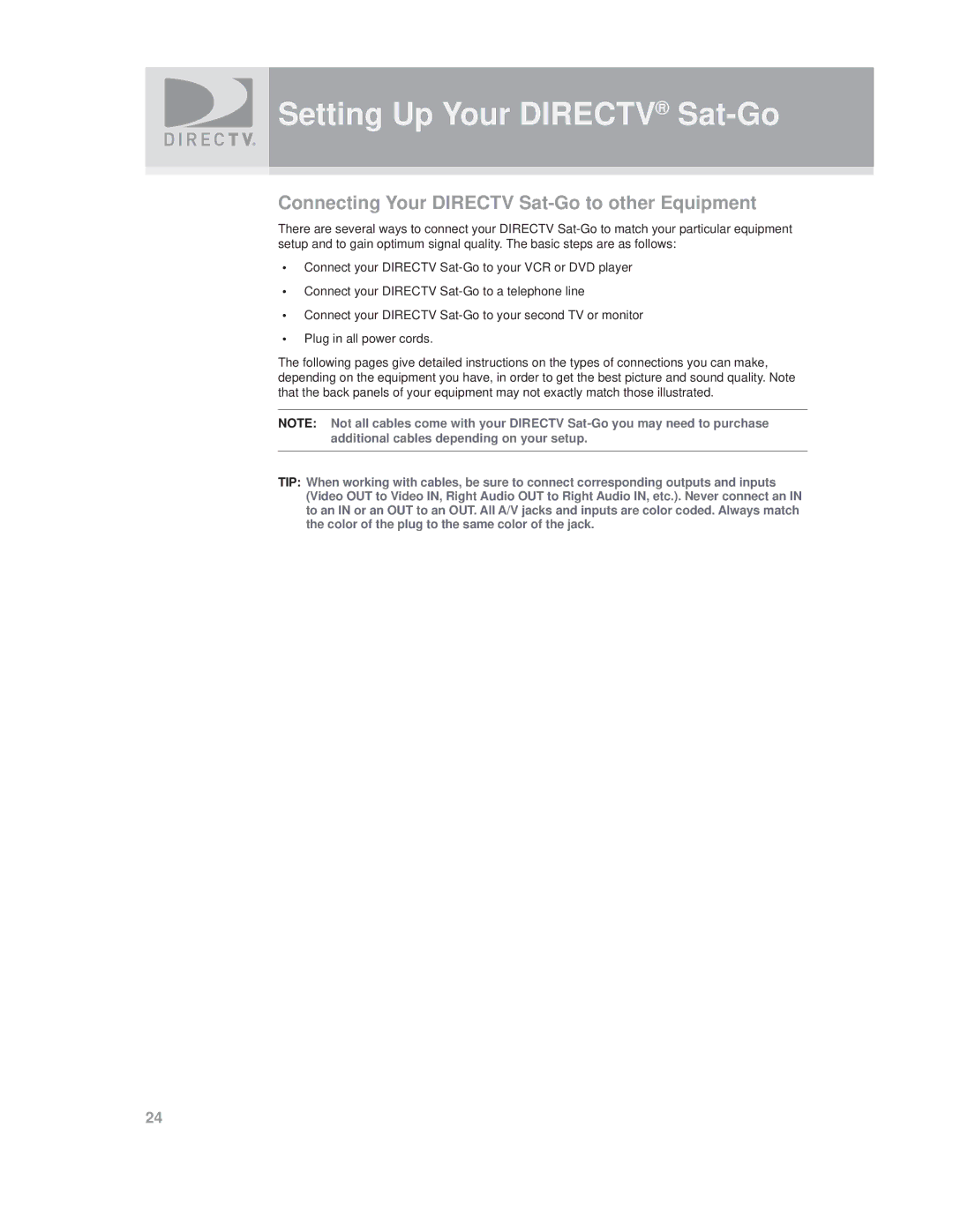 DirecTV SAT GO manual Connecting Your Directv Sat-Go to other Equipment 