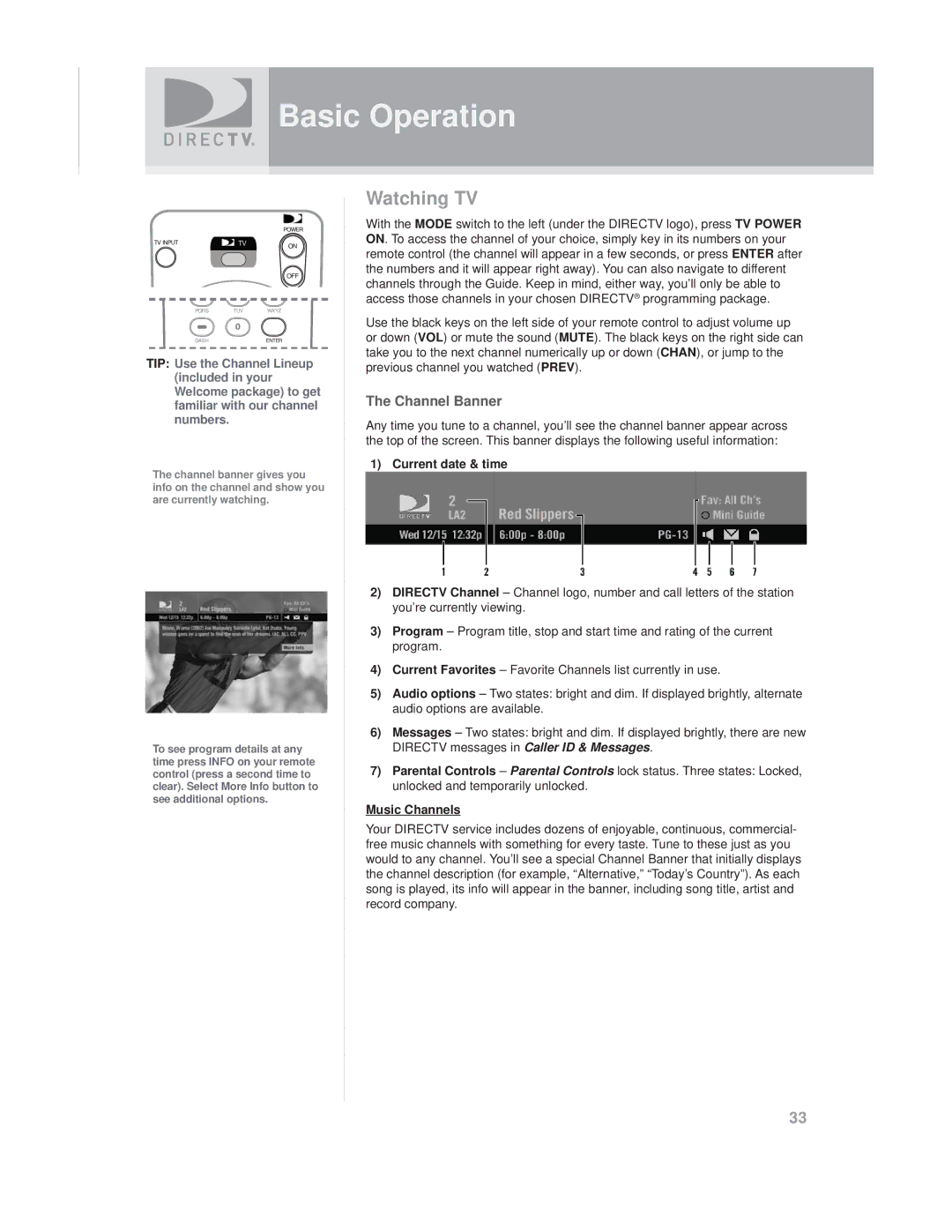 DirecTV SAT GO manual Basic Operation, Watching TV, Channel Banner, Current date & time, Music Channels 