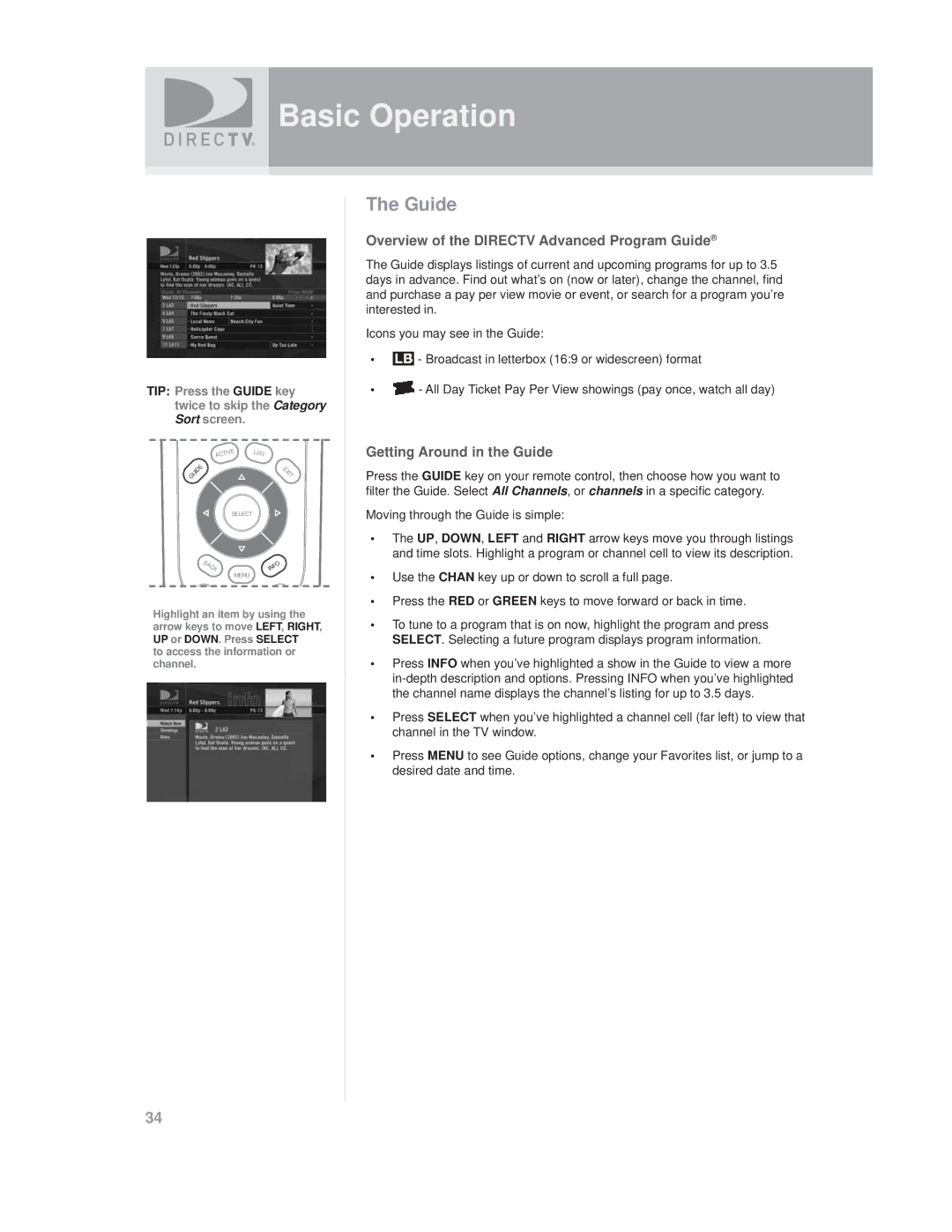 DirecTV SAT GO manual Overview of the Directv Advanced Program Guide, Getting Around in the Guide 