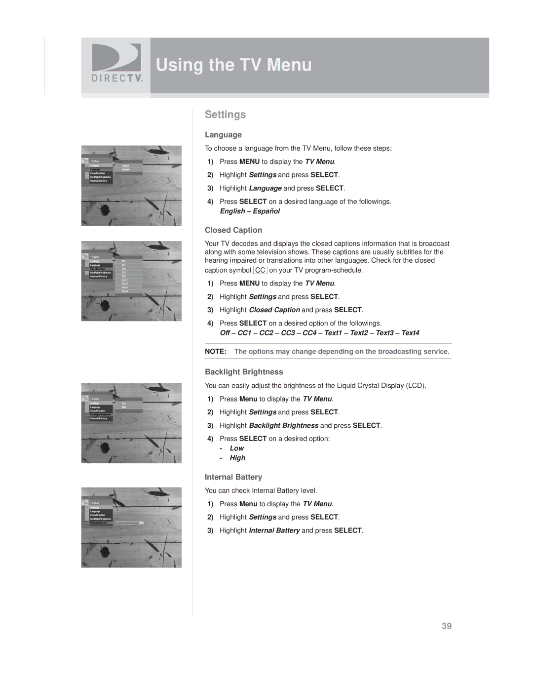 DirecTV SAT GO manual Settings, Language, Closed Caption, Backlight Brightness, Internal Battery 