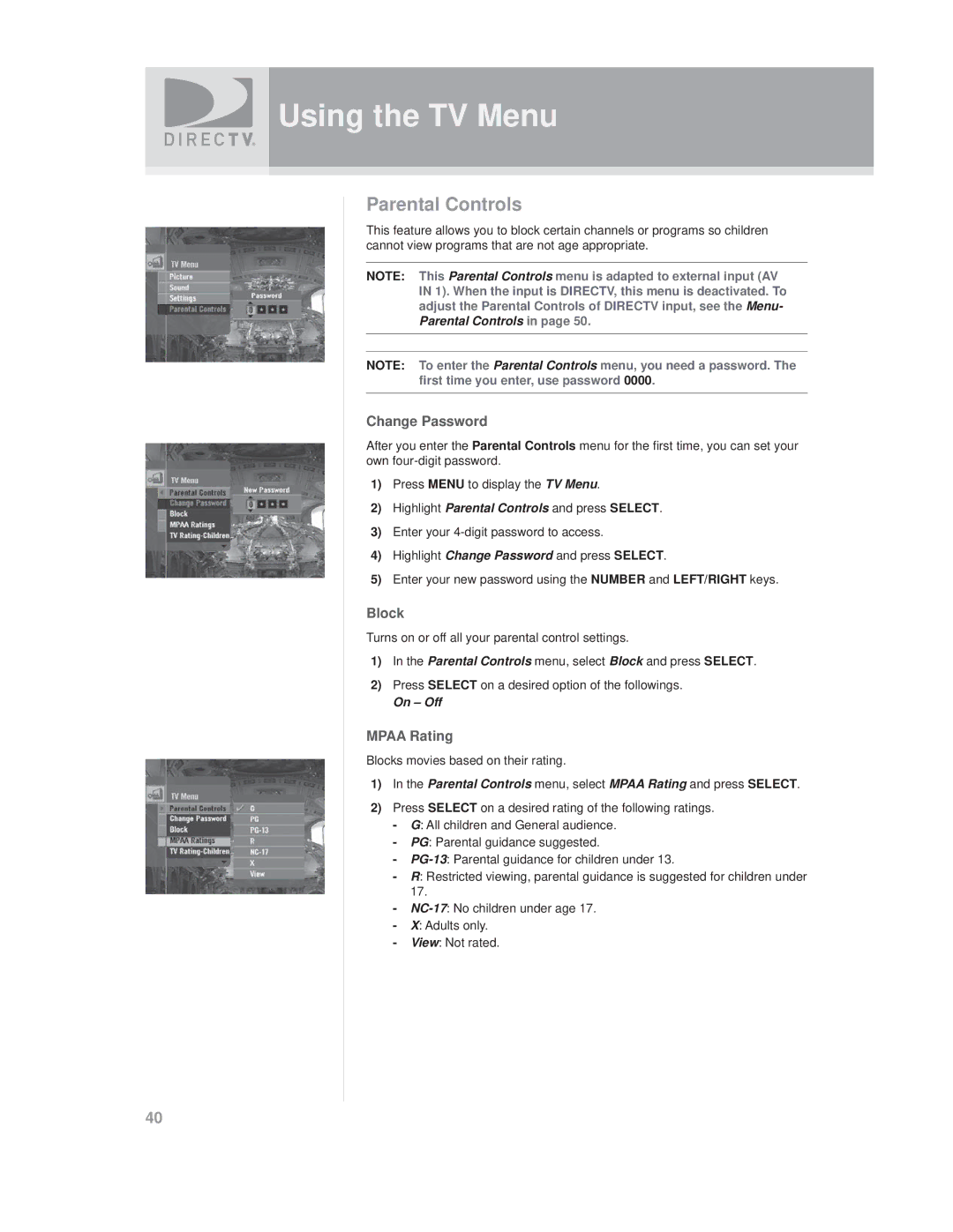 DirecTV SAT GO manual Parental Controls, Change Password, Block, Mpaa Rating 