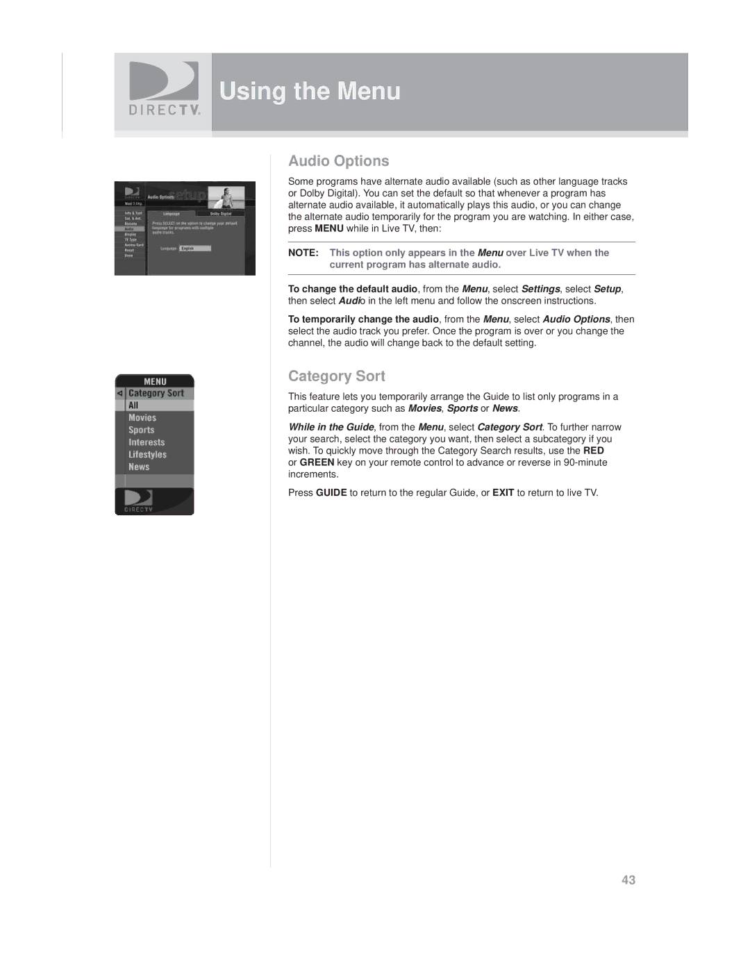 DirecTV SAT GO manual Audio Options, Category Sort 
