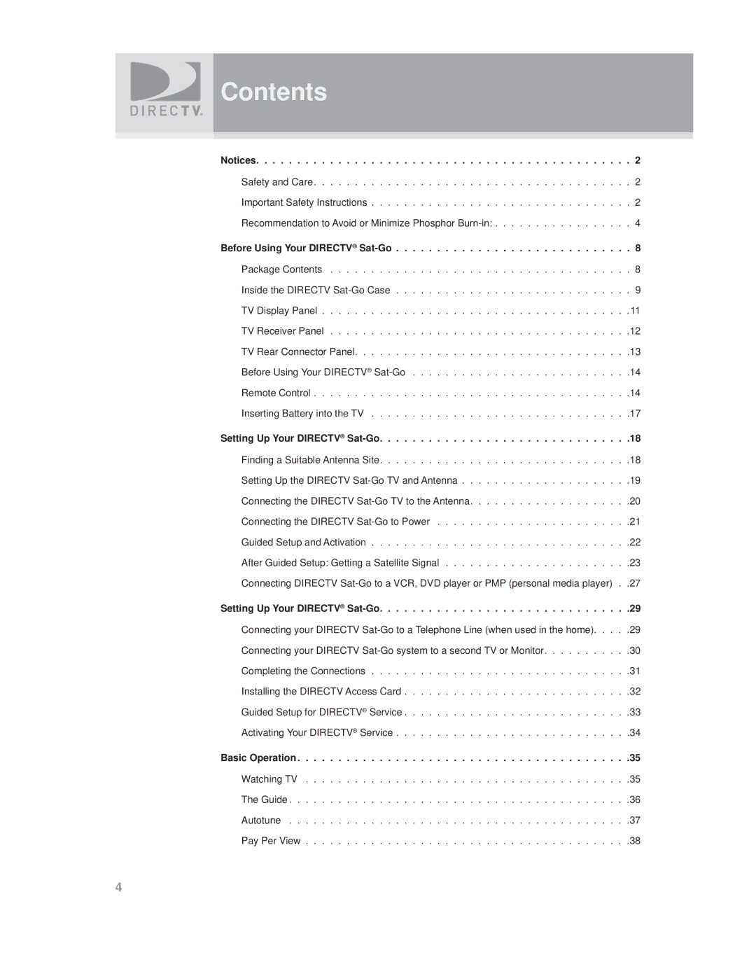 DirecTV SAT GO manual Contents 